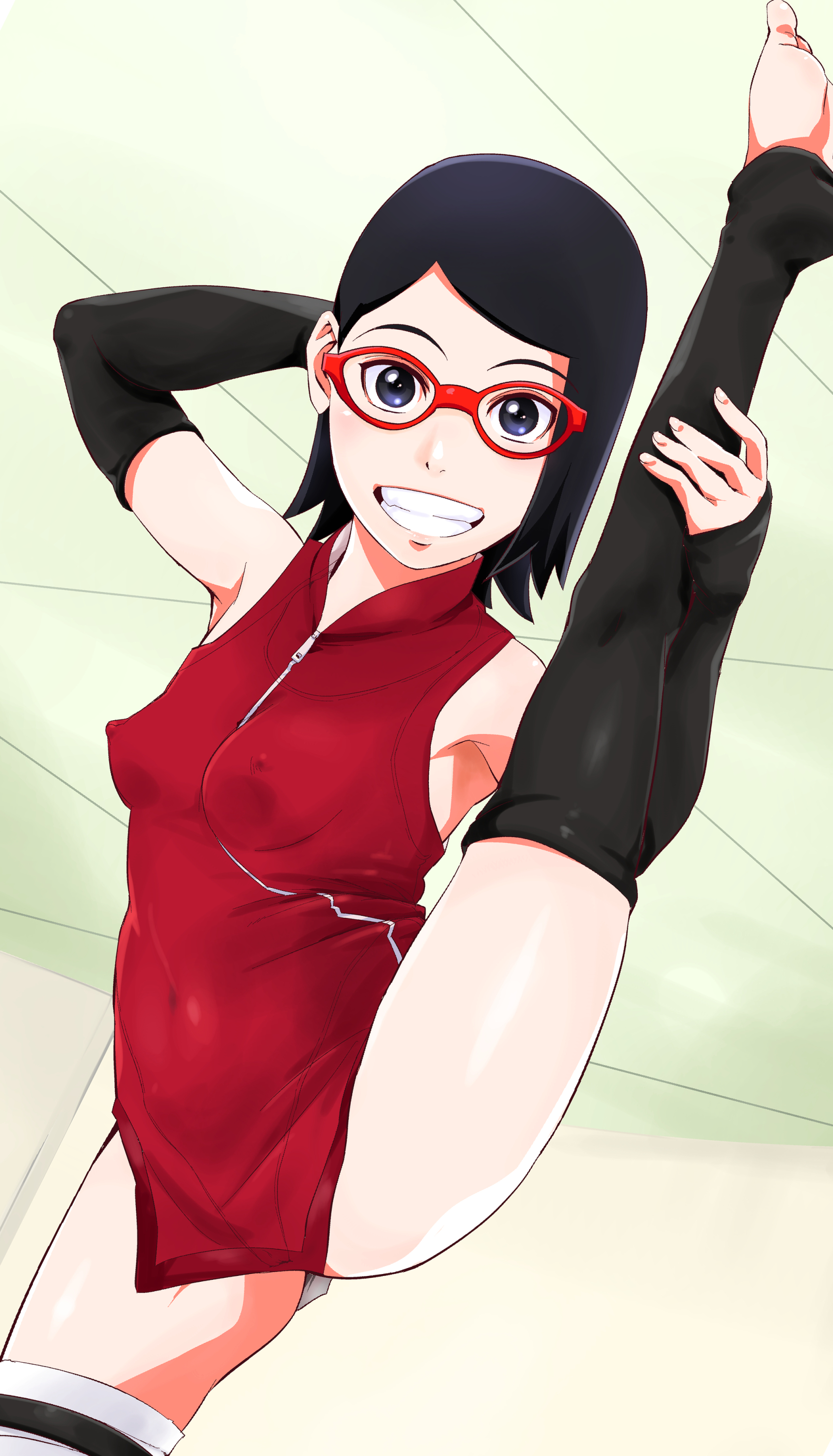 1girls, arm behind head, arm warmers, armpits, bangs, barefoot, black eyes, black hair, blue eyes, boruto: naruto next generations, breasts, clothing, covered erect nipples, covered navel, detached sleeves, dress, erect nipples, erect nipples under clothes, feet, female, female only, flexible, glasses, grin, high resolution, leg up, legwear, looking at viewer, naruto, naruto (series), navel, nipples, perky breasts, petite, red-framed eyewear, sarada uchiha, short hair, sleeveless, small breasts, smile, solo, split, splits, spread legs, standing, standing on one leg, standing split, stirrup legwear, sunahara wataru, teenager, thighhighs, thighs, toeless legwear, toes, uchiha sarada, vertical splits, very high resolution, zipper, zipper pull tab