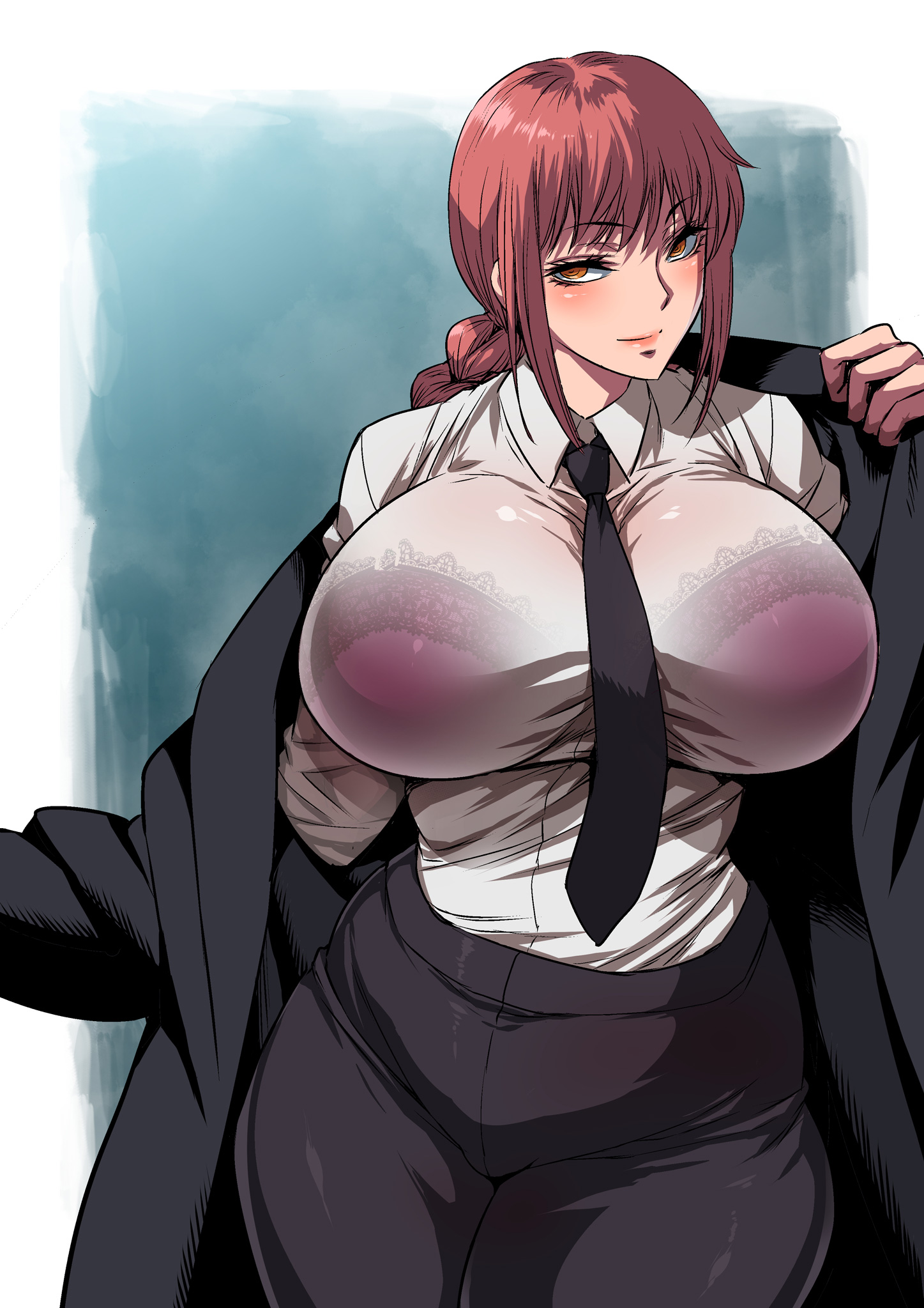 1girls, alternate version available, big breasts, black coat, black pants, bottomwear, bra, bra visible through clothes, braid, breasts, chainsaw man, coat, female, female only, hair, huge breasts, lace, lace trim, lace-trimmed bra, large breasts, makima (chainsaw man), musashino sekai, necktie, neckwear, pants, purple bra, red hair, shirt, solo, solo female, topwear, white shirt, yellow eyes