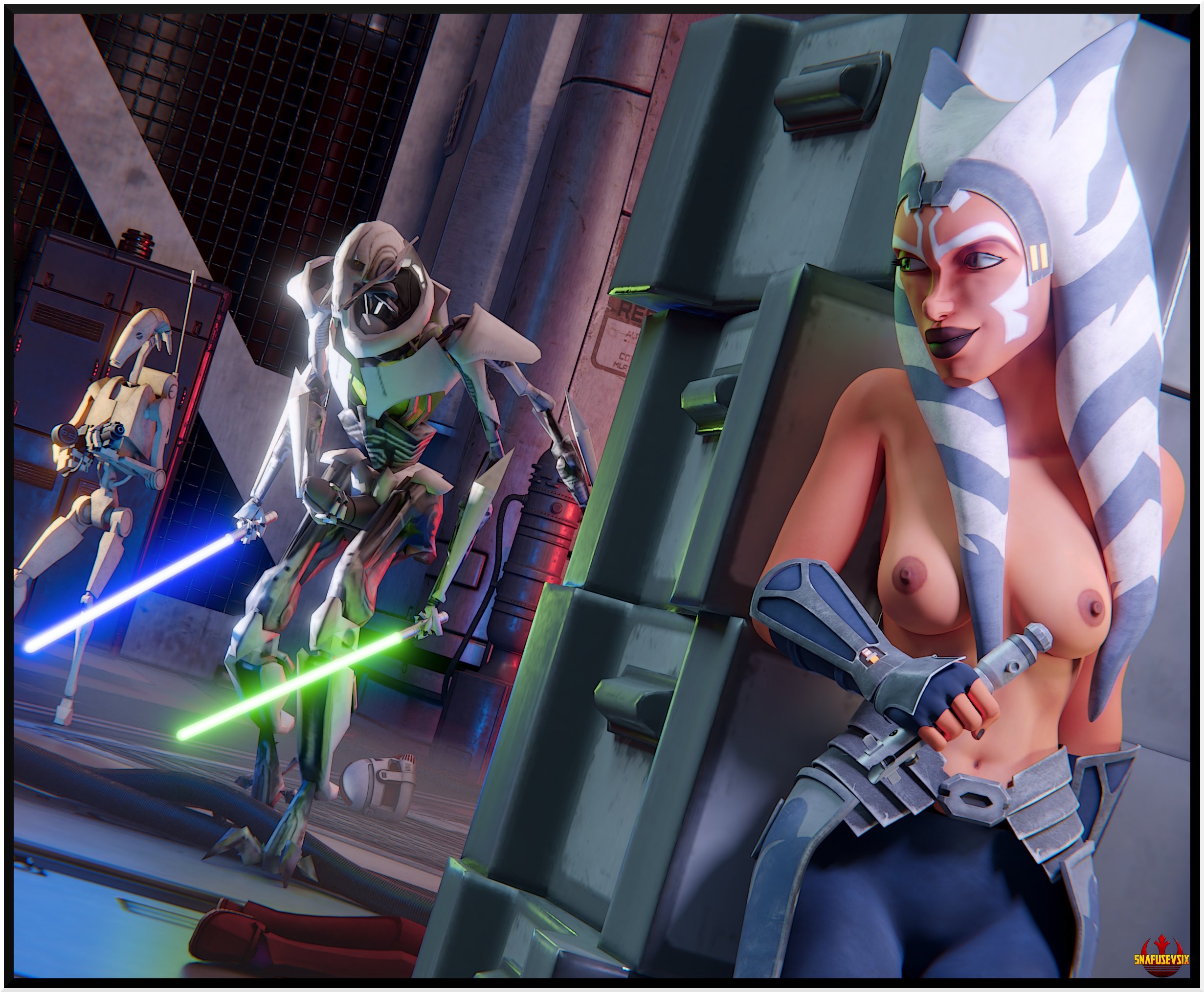1girls, 2 arms, 2boys, 3d, 4 arms, accurate art style, ahsoka tano, airress3d (3d-modeller), areolae, armor, b1 battle droid, background, battle droid, being watched, big lips, blue clothing, blue lightsaber, breasts, breasts focus, clone wars, cybernetic penis, cyborg, dark lipstick, dark side, detailed background, droid (star wars), facial markings, female, female focus, fingerless gloves, front view, full body, general grievous, genitals, gloves, grabbing own penis, grabbing penis, green lightsaber, happy, headband, headgear, helmet, helmet removed, heroine, hiding, holding object, holding sword, holding weapon, horn, jedi, jedi padawan, kaleesh, leggings, light side, lightsaber, lightsaber hilt, lips, long gloves, lucasfilm, male, male/female, markings, masturbation, melee weapon, multi arm, multi limb, navel, nipples, orange body, pants, partially clothed, peeking out, penis, ranged weapon, revenge of the sith, rifle, robot penis, science fiction, smile, smirk, snafusevsix, standing, star wars, tentacle hair, the clone wars: season seven, togruta, topless, topless female, vambraces, villain, villain/heroine, walking, weapon, white male