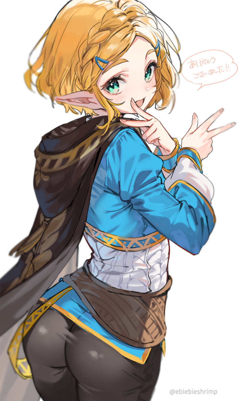 1girls ass big_ass blonde_hair blush breath_of_the_wild clothed double_v female fully_clothed hair_clip hi_res highres japanese_text looking_at_viewer peace_sign pointy_ears princess_zelda short_hair shuri_(84k) tears_of_the_kingdom the_legend_of_zelda tight_clothing v v_sign zelda_(tears_of_the_kingdom)