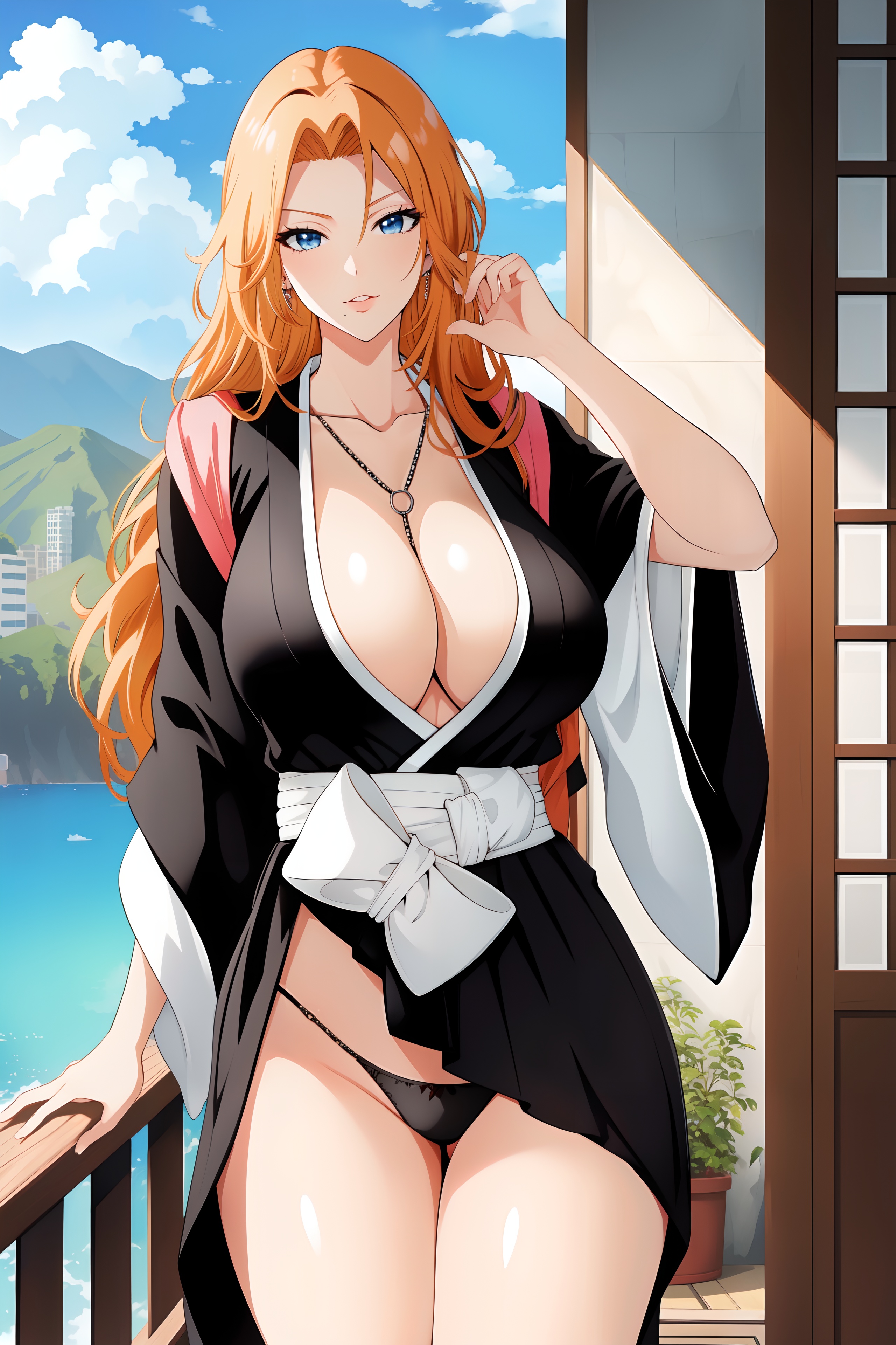 ai generated, black panties, bleach, breasts, female, kimono, large breasts, long hair, matsumoto rangiku, mature female, orange hair, panties