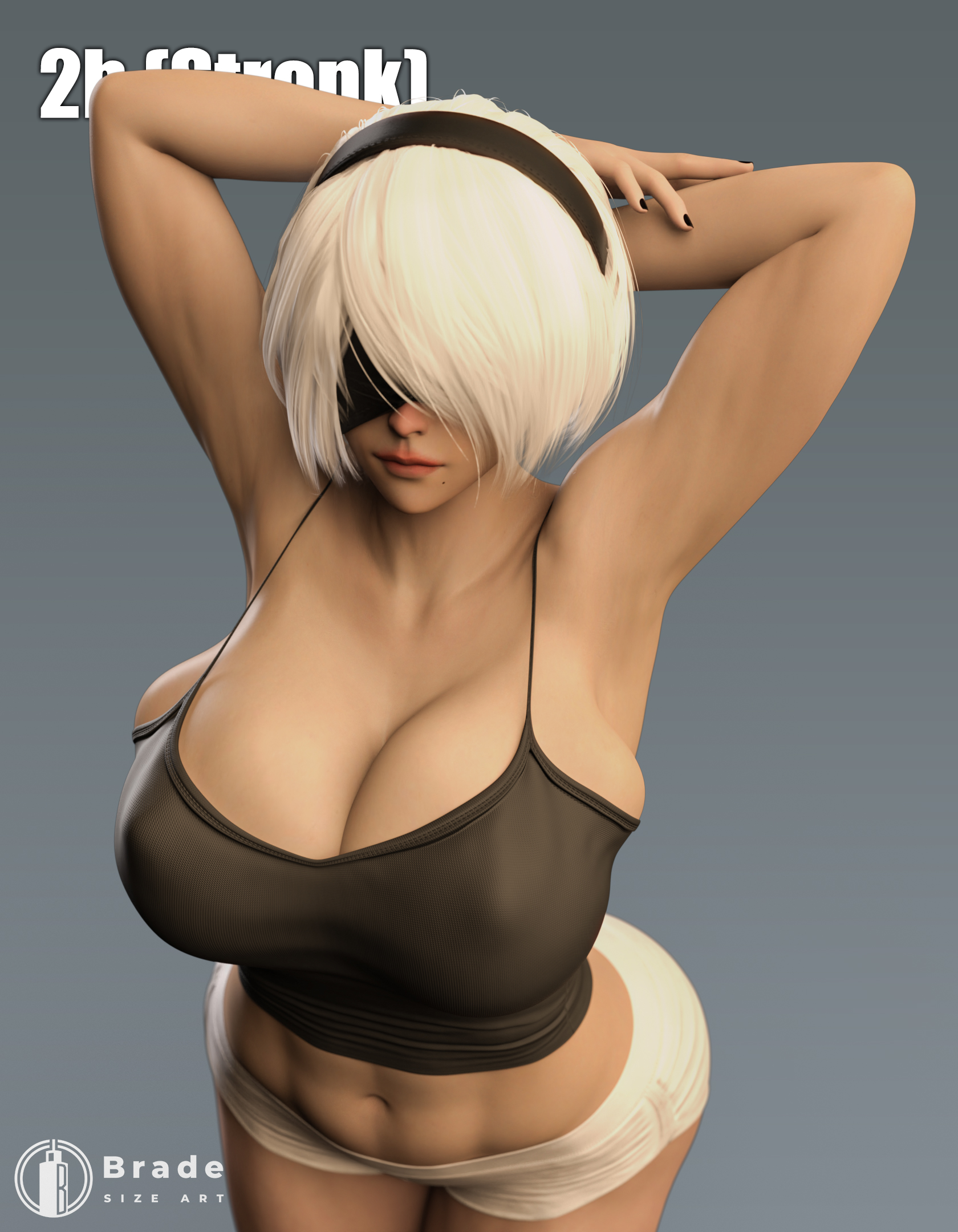 1girls, 3d, big breasts, blindfold, bradengts, breasts, clothing, female, female focus, female only, grey background, hairband, huge breasts, light skin, light-skinned female, muscular, muscular female, nier, nier: automata, overflowing breasts, short hair, solo, white hair, yorha 2b