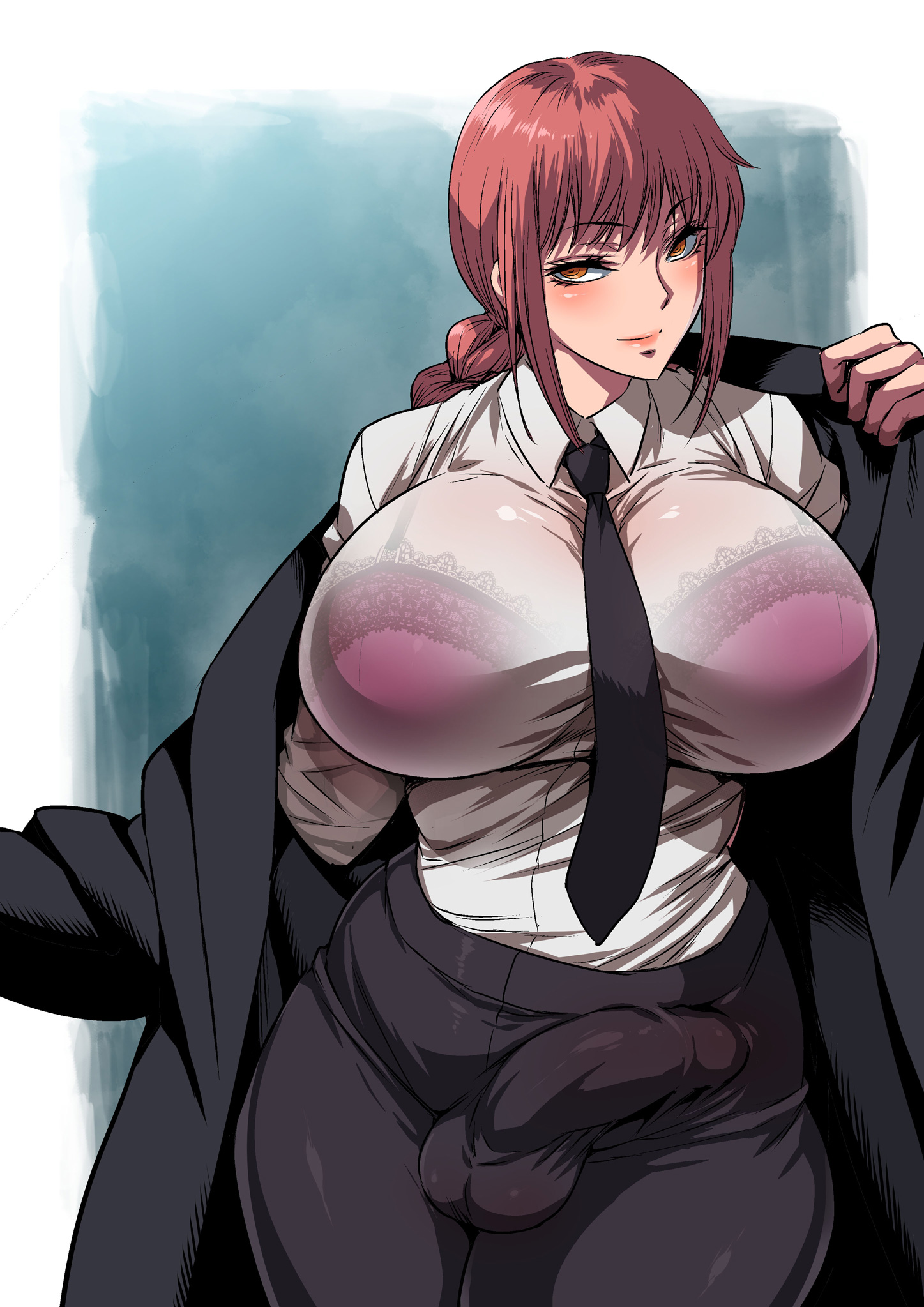 1futa, alternate version available, balls, bangs, big breasts, big penis, black coat, black pants, bottomwear, bra, bra visible through clothes, braid, breasts, bulge, bulge through clothing, chainsaw man, clothed, clothing, coat, erect penis, erection, erection under clothes, fully clothed, futa only, futanari, hair, huge breasts, human, intersex, lace, lace trim, lace-trimmed bra, large breasts, light skin, light-skinned futa, long hair, makima (chainsaw man), musashino sekai, necktie, neckwear, pants, penis, pink hair, purple bra, red hair, shirt, solo, solo futa, standing, thick thighs, topwear, translucent, translucent clothing, white shirt, wide hips, yellow eyes