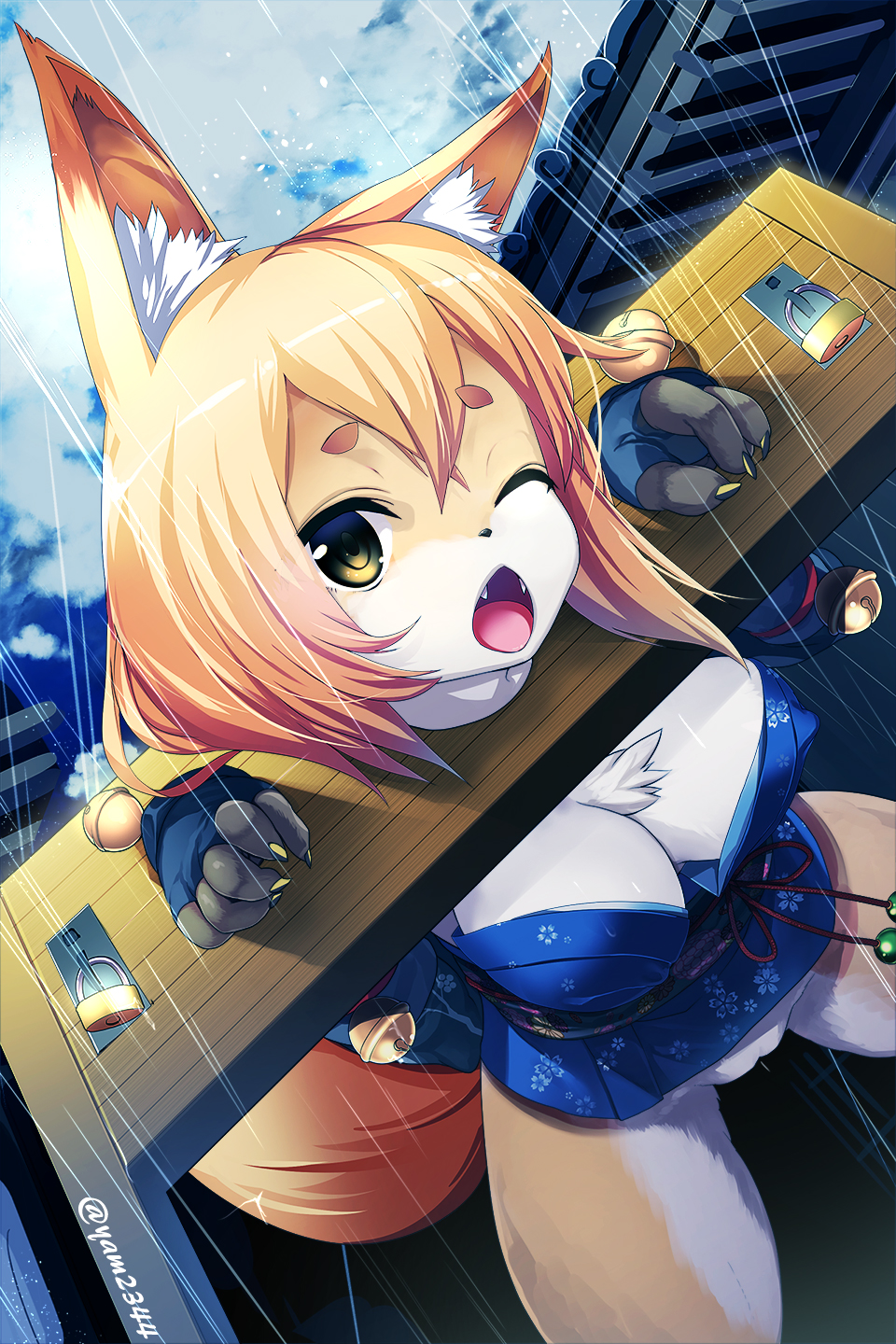 adorable animal_ears bell bent_over blonde_hair bottomless breasts claws cleavage covered_erect_nipples cute dutch_angle fangs female fingerless_gloves fox_ears furry furry_female gloves green_eyes highres japanese_clothes jingle_bell kawaii kimono lock long_hair no_bra open_mouth original padlock pillory pussy rain restrained short_kimono short_yukata signature sky solo stationary_restraints tail wince yamacchi yukata