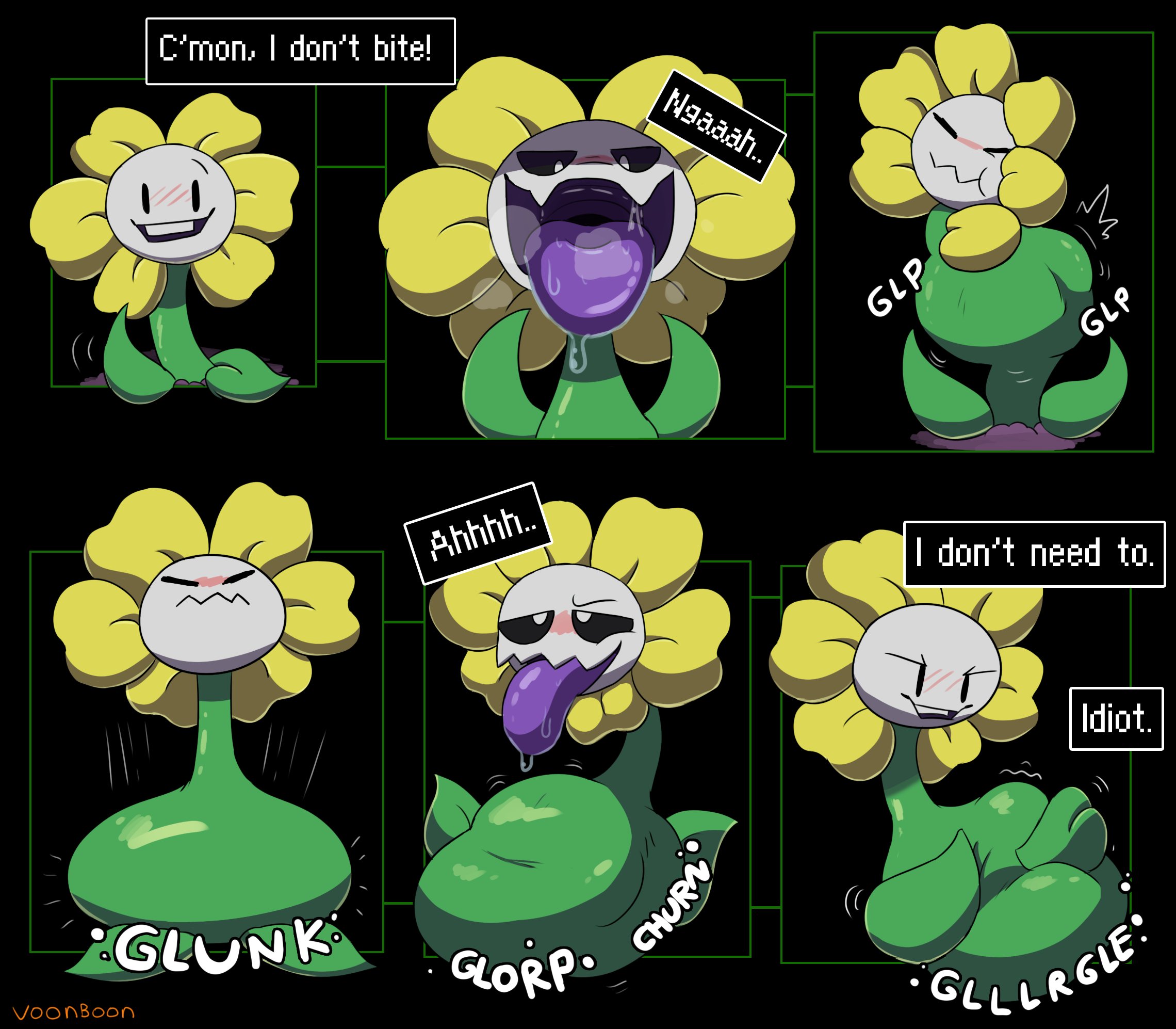 1boy, blush, flower, flowey the flower, male, male only, male pred, mouth shot, oral, oral vore, plant, plant vore, pov, saliva, text, text box, toby fox, tongue, undertale, voonboon, vore