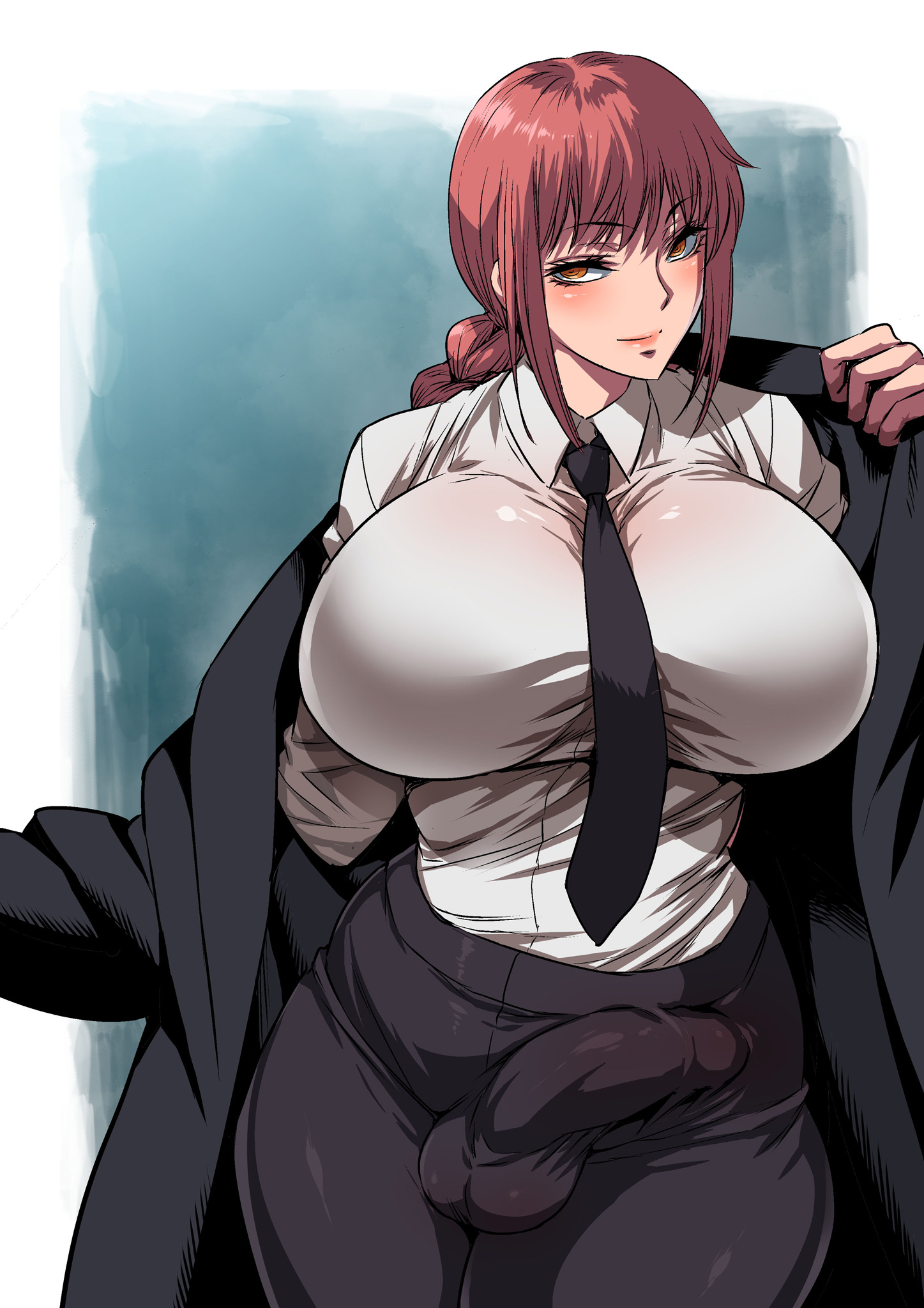 1futa, alternate version available, balls, bangs, big breasts, big penis, black coat, black pants, bottomwear, braid, breasts, bulge, bulge through clothing, chainsaw man, clothed, clothing, coat, erect penis, erection, erection under clothes, fully clothed, futa only, futanari, hair, huge breasts, human, intersex, large breasts, light skin, light-skinned futa, long hair, makima (chainsaw man), musashino sekai, necktie, neckwear, pants, penis, pink hair, red hair, shirt, solo, solo futa, standing, thick thighs, topwear, white shirt, wide hips, yellow eyes