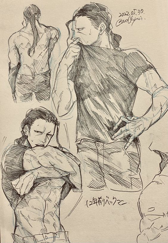 1boy 2022 artist_request benn_beckman human_artist lifting_shirt long_hair long_hair_male long_haired_male looking_at_viewer male male_only muscular muscular_back muscular_male no_ai no_color one_piece sketch sketch_page source_request sweat