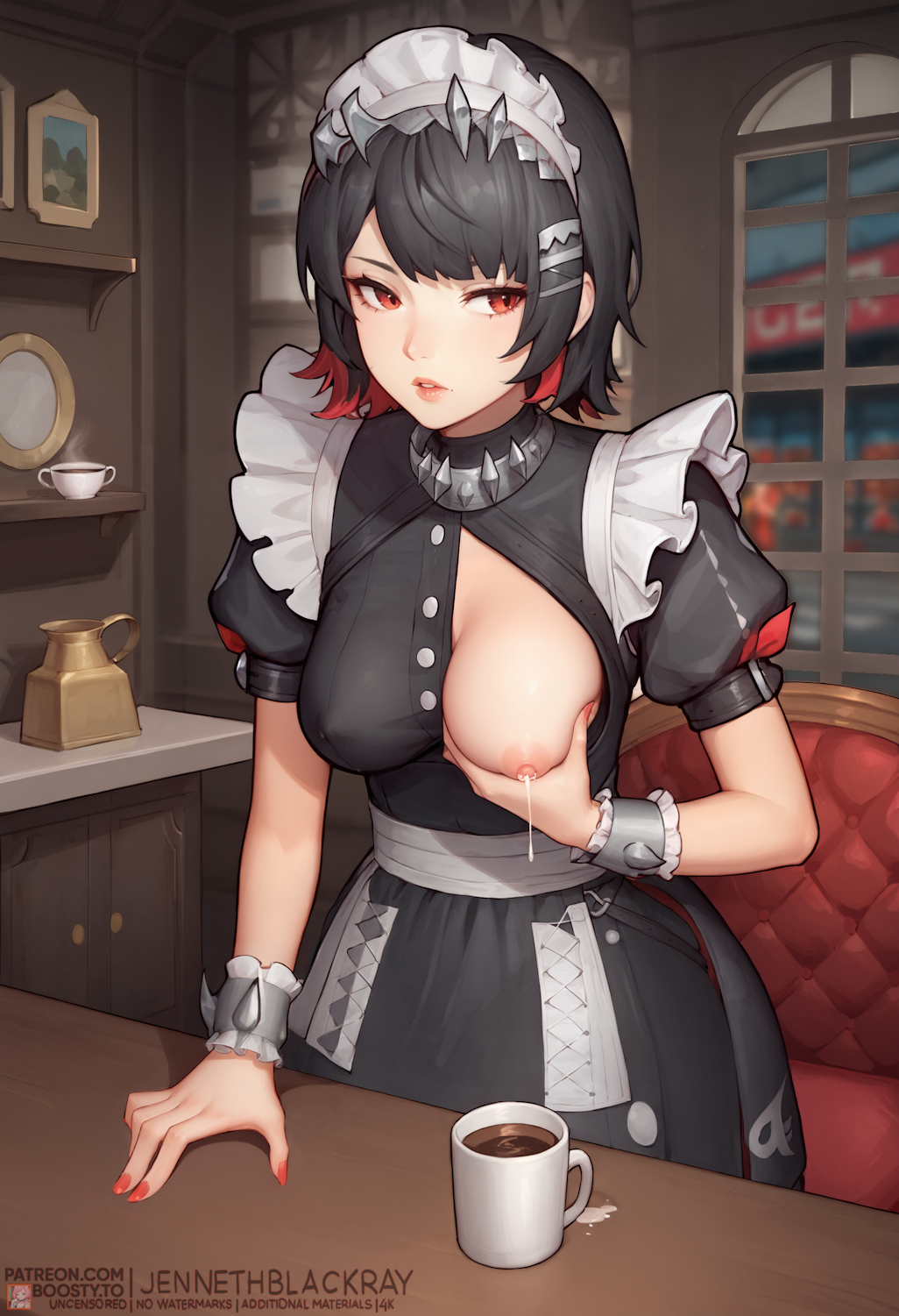 ai-created ai_generated apron bangs black_dress black_hair blush breast_grab breast_milking breast_slip breast_squeeze breasts breasts_out_of_clothes cafe casual casual_nudity cleavage clothing coffee coffee_mug collar colored_inner_hair covered_erect_nipples cup dress ellen_joe exposed_breasts female frills grabbing_own_breast groping hair_ornament hairclip headdress headwear high_resolution indoors jenneth_blackray lactation leaning_forward lips looking_at_viewer maid maid_apron maid_headdress medium_breasts milk mug multicolored_hair nail_polish nipples no_bra parted_lips puffy_short_sleeves puffy_sleeves red_eyes red_hair red_nails short_hair short_sleeves solo spikes stable_diffusion table teacup tray two-tone_hair uniform victoria_housekeeping wardrobe_malfunction white_apron window wrist_cuffs zenless_zone_zero