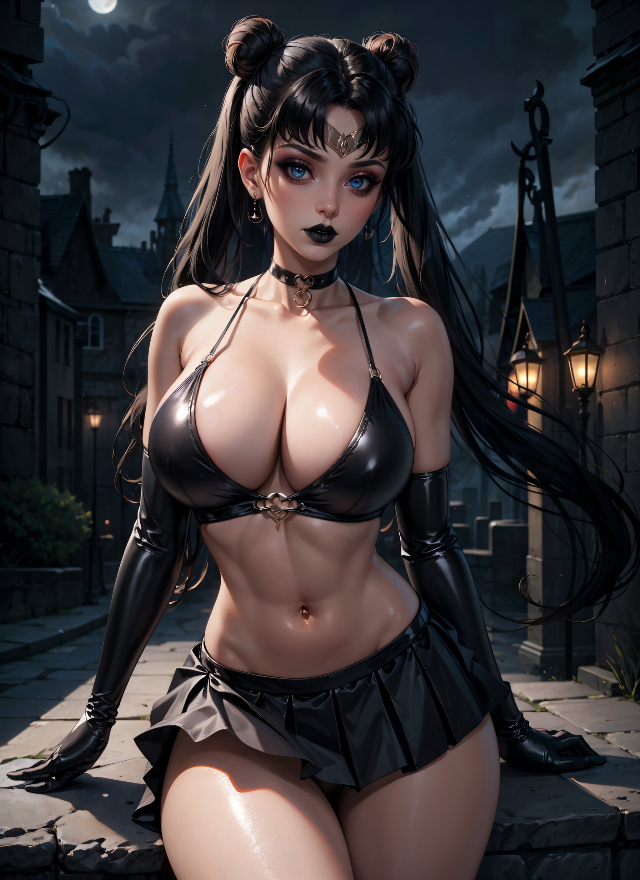 1girls, ai generated, big breasts, bishoujo senshi sailor moon, black elbow gloves, black gloves, black hair, black lipstick, blue eyes, breasts, clothing, collar, elbow gloves, exhibitionism, female, gloves, goth, goth sailor moon, gothic, gothified, large breasts, league69, leaning back, lipstick, long hair, looking at viewer, miniskirt, moon, night, outdoors, outside, public, sailor moon, skirt, solo, usagi tsukino