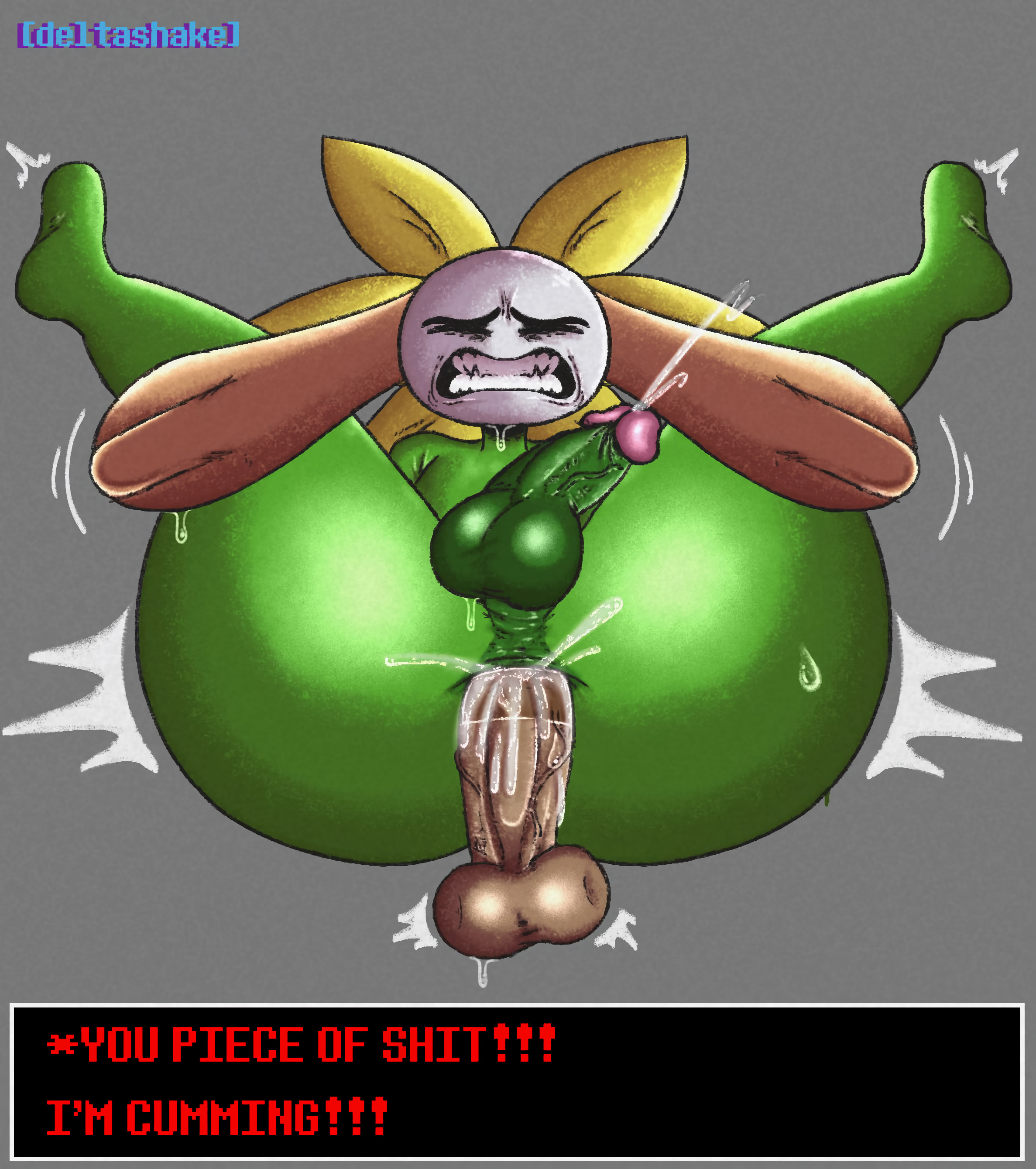 2boys, ass, big ass, big butt, big penis, cum, cum in ass, deltashake, dialogue, dialogue box, flowey the femboy, flowey the flower, flowey with a body, male, male only, pained expression, penis, plant, questionable consent, tagme, text, undertale, undertale (series)