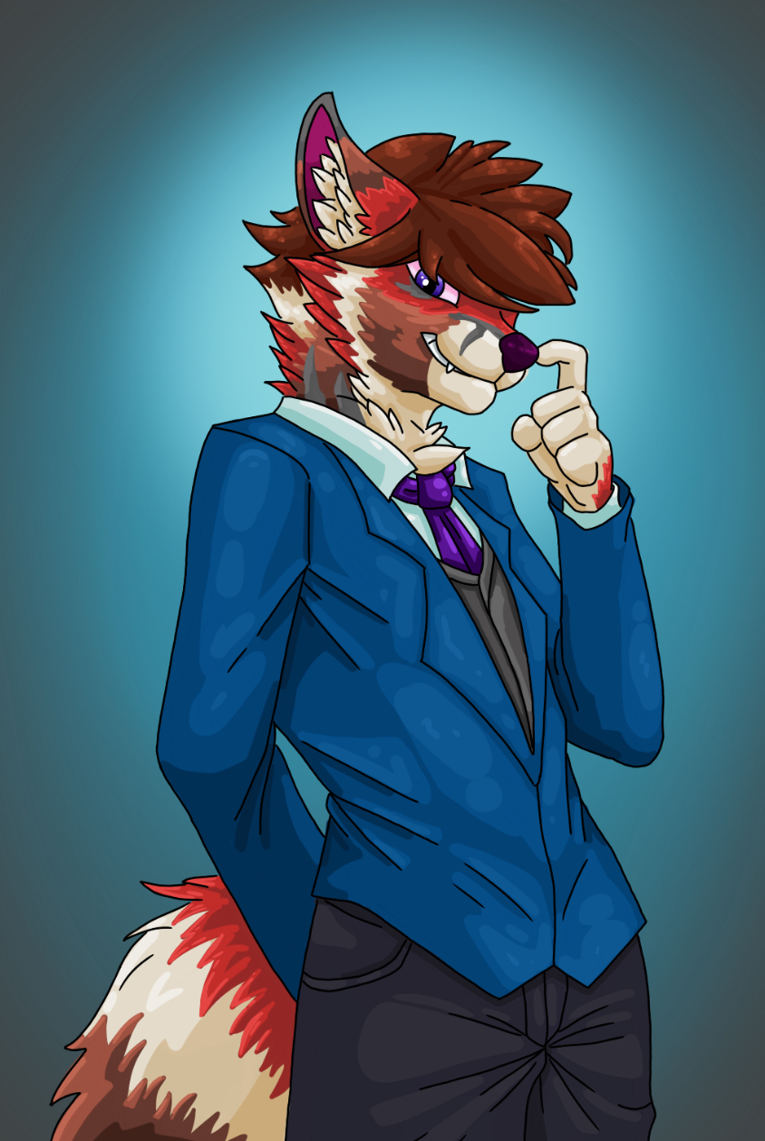 anthro canid_humanoid canine_humanoid clothed fang fluffy fluffy_tail furry looking_at_viewer smiling solo suit suit_and_tie suit_jacket tagme