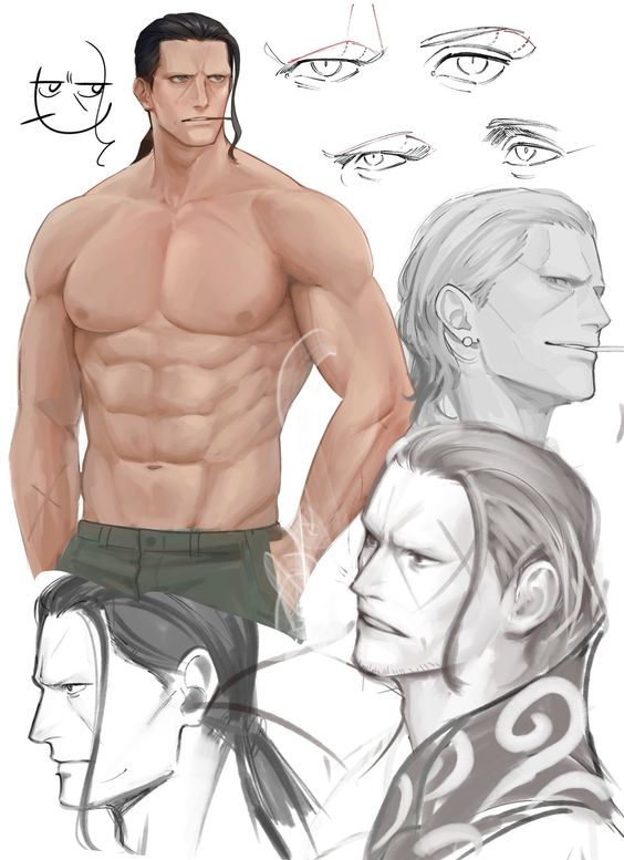 1boy abs aged_down artist_request benn_beckman black_hair cigarette facial_scar hair_slicked_back long_hair long_hair_male male male_only mature mature_male muscular muscular_chest muscular_male muscular_torso one_piece pecs ponytail scar scar_on_face scars sketch sketch_page topless topless_male