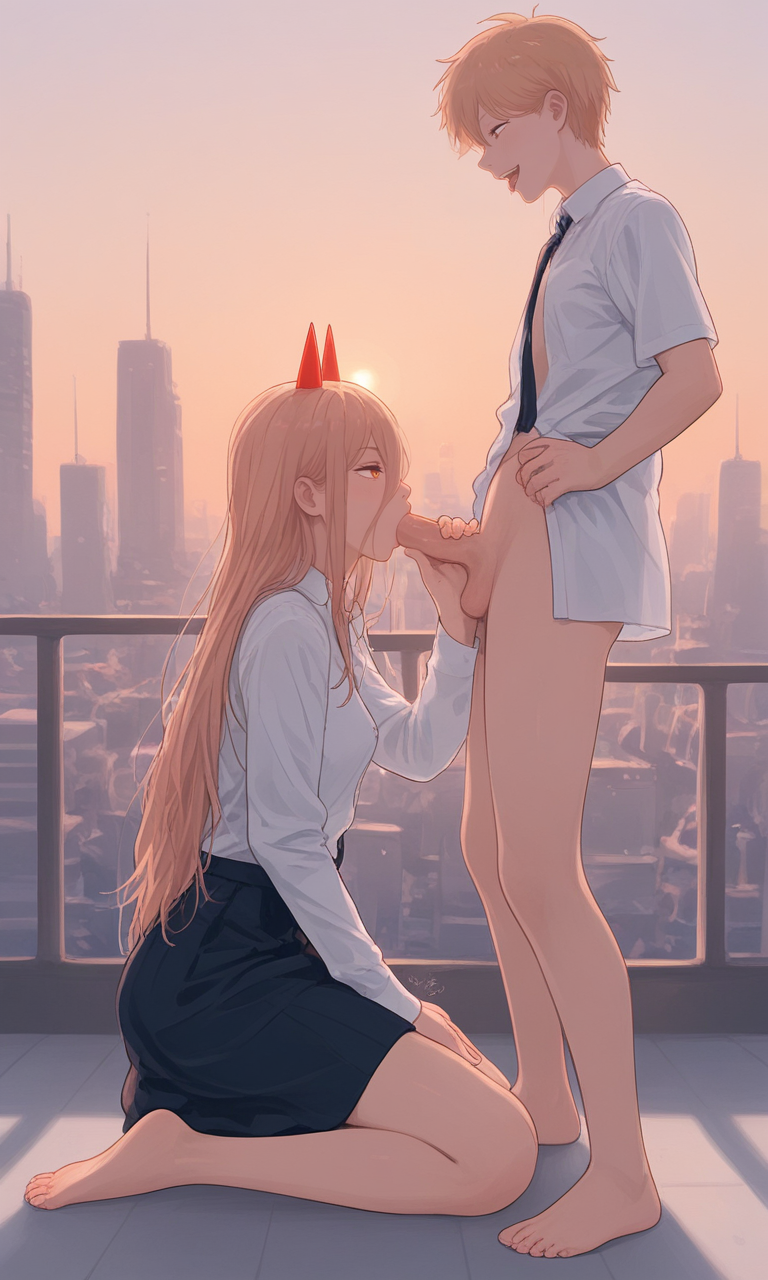 1boy 1boy1girl ai_generated balcony blowjob chainsaw_man city cityscape clothes denji_(chainsaw_man) fellatio female horns on_knees penis power_(chainsaw_man) skirt sky straight sucking_penis