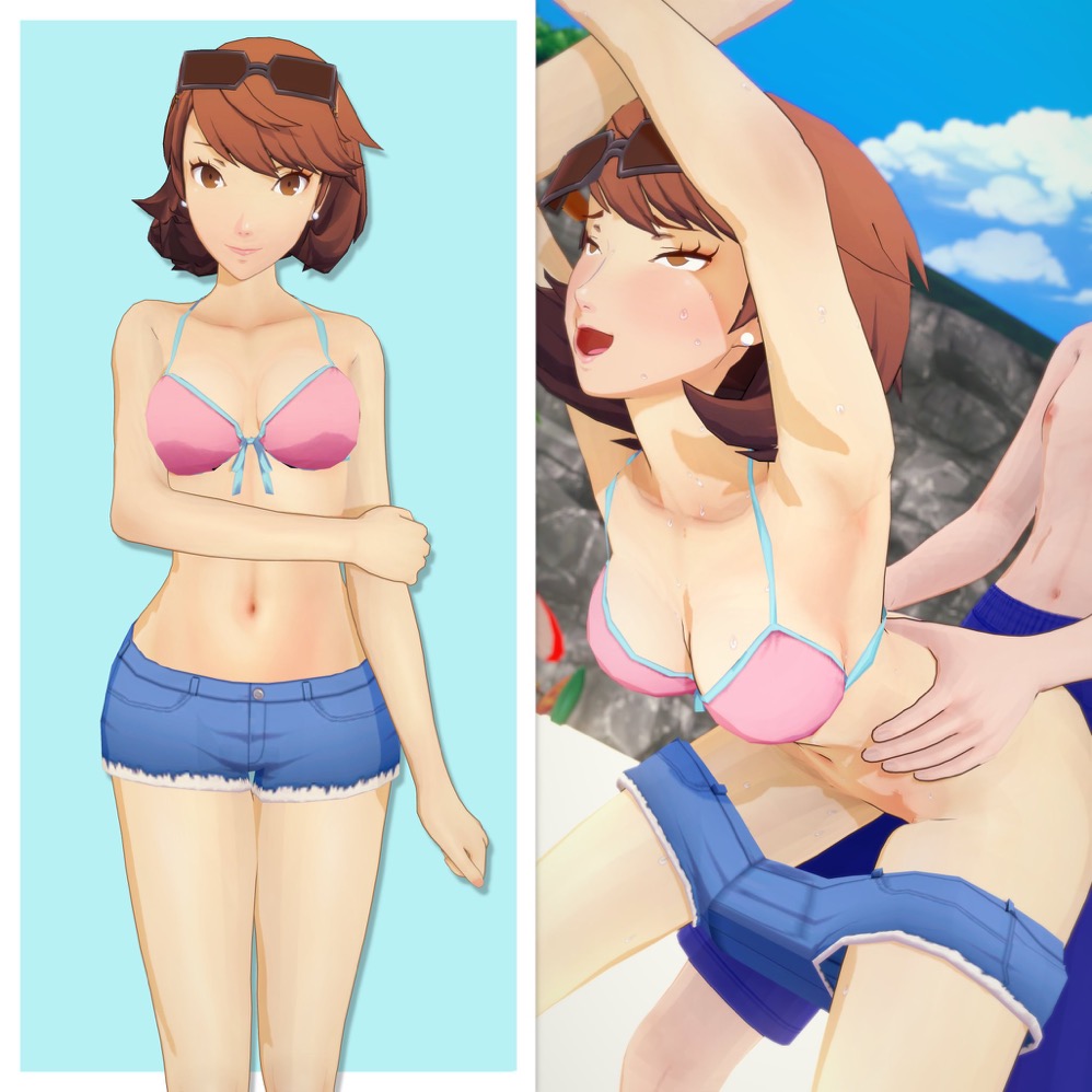 1boy, 1girls, 3d, 3d (artwork), ahe gao, anime, ass, ass focus, beach, bikini, bikini top, bra, clothing, denim, denim shorts, eyewear on head, female, from behind, from behind position, gg-koi, makoto yuki, male, male pov, male/female, outdoors, penetration, penis, penis in pussy, persona, persona 3, persona 3 reload, pussy, sex, shorts, sunglasses, sunglasses on forehead, sunglasses on head, swimsuit, yukari takeba, yukari takeba (swimsuit)