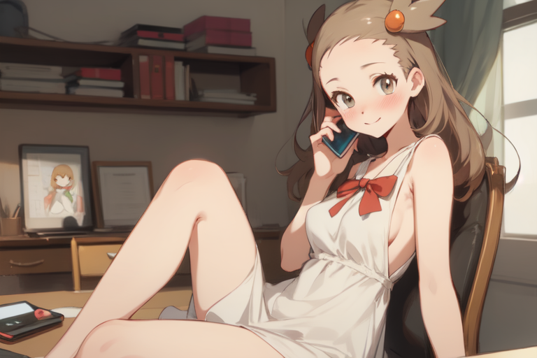 ai_generated blush jasmine_(pokemon) jasmineolivine leg_up light_smile looking_at_viewer on_the_phone pokemon suggestive suggestive_pose sundress white_dress