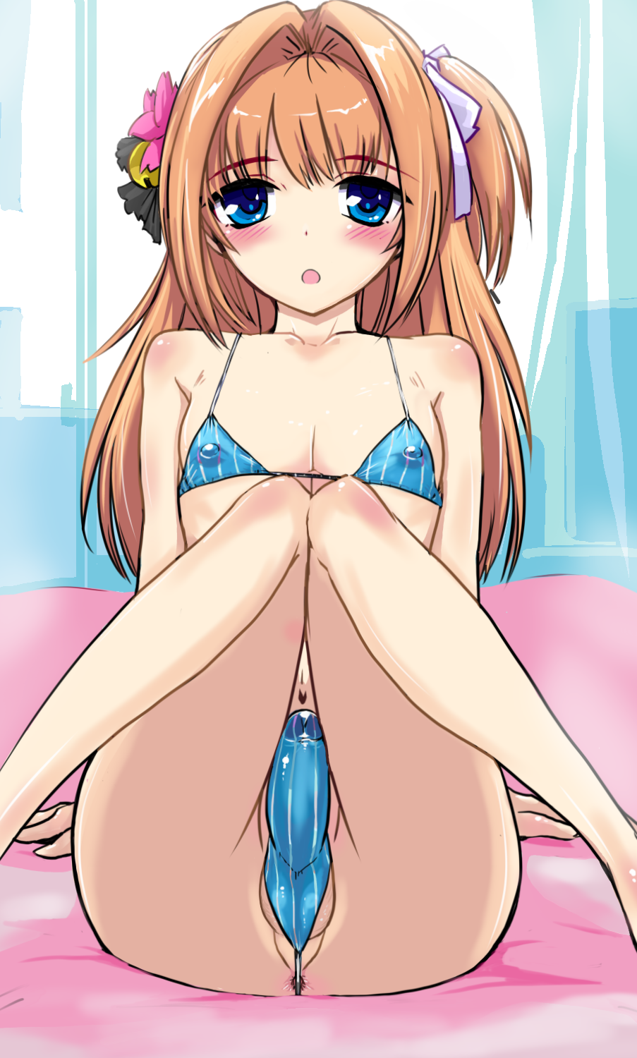 1boy :o androgynous anus bikini blue_eyes brown_hair bulge crossdressing erect_nipples erection erection_under_clothes hair_ornament hayashi_(nnnsf) impossible_clothes long_hair male nao_(otosuki) navel open_mouth otoko_no_ko_wa_meido_fuku_ga_osuki!? penis pinstripe_pattern solo testicles trap