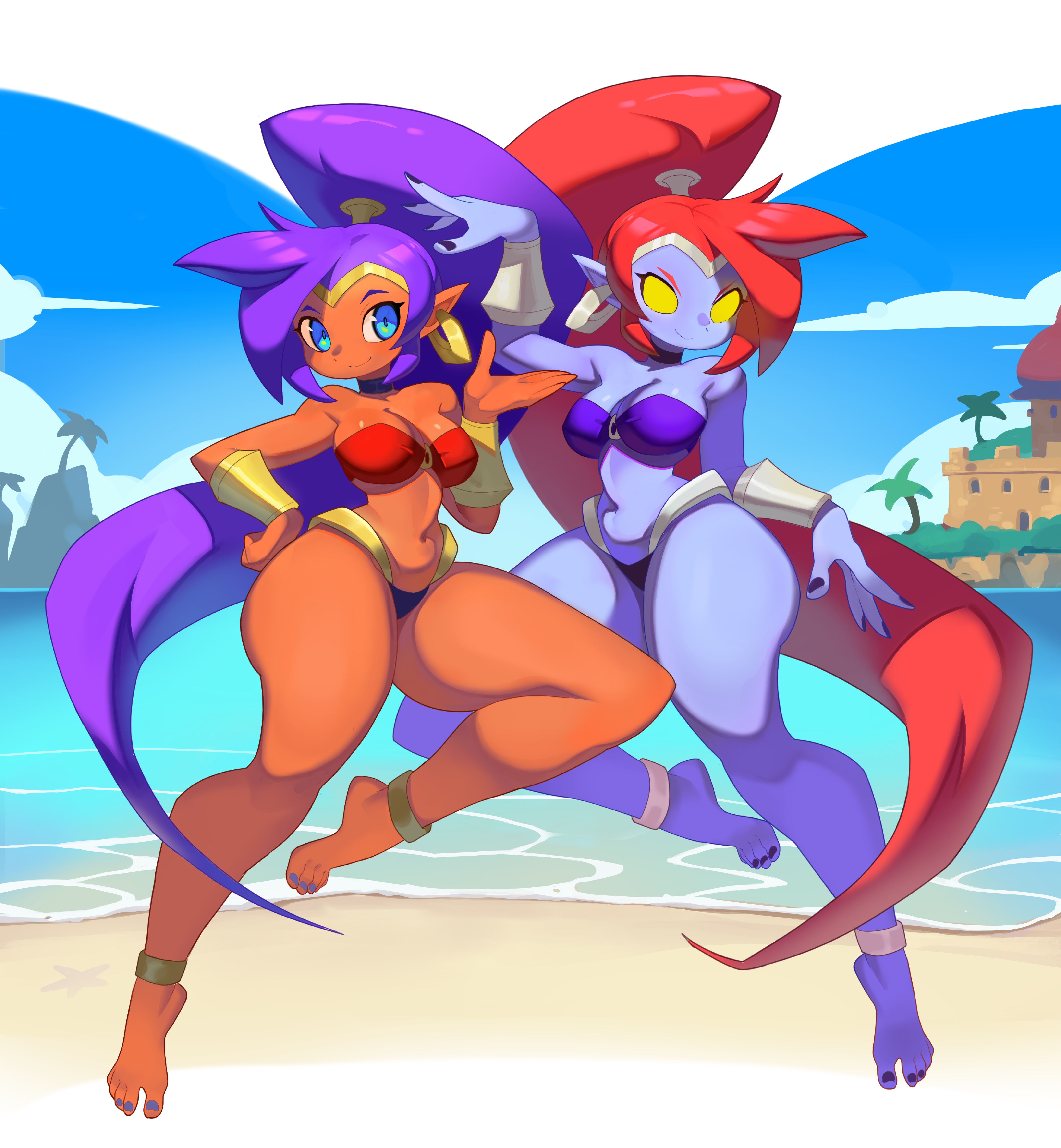 2024, 2girls, clothed, digital media (artwork), female, female only, multiple females, multiple girls, nega-shantae, roxy thefoxy, shantae, shantae (character), thick thighs