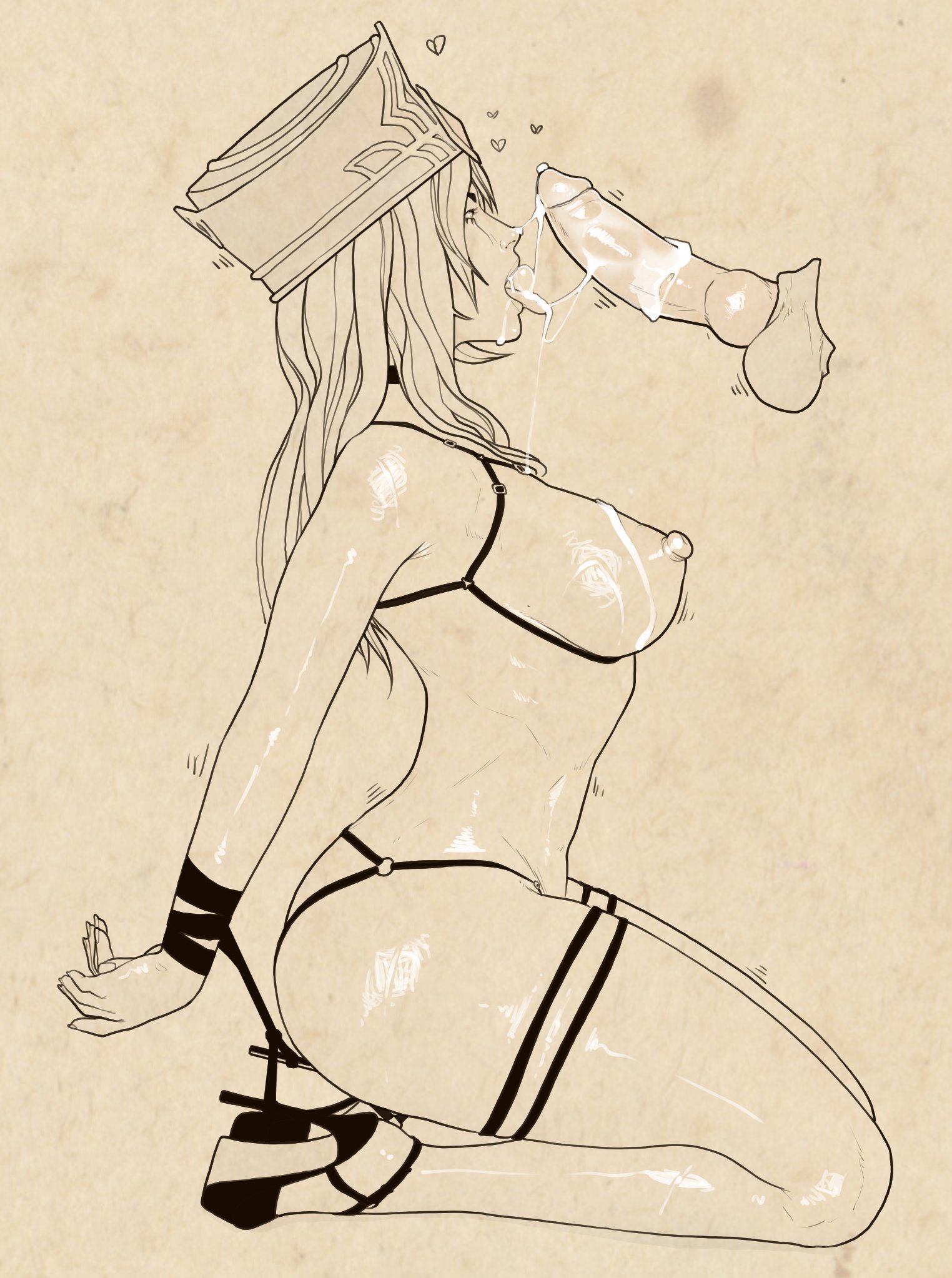 1boy, 1girls, after oral, blizzard entertainment, breasts, canine penis, cum, cum on breasts, cum on face, cum on tongue, facial, female, galaad1800, high heels, human, human (world of warcraft), interspecies, kneeling, line art, male, penis, restrained, sally whitemane, warcraft, worgen, world of warcraft