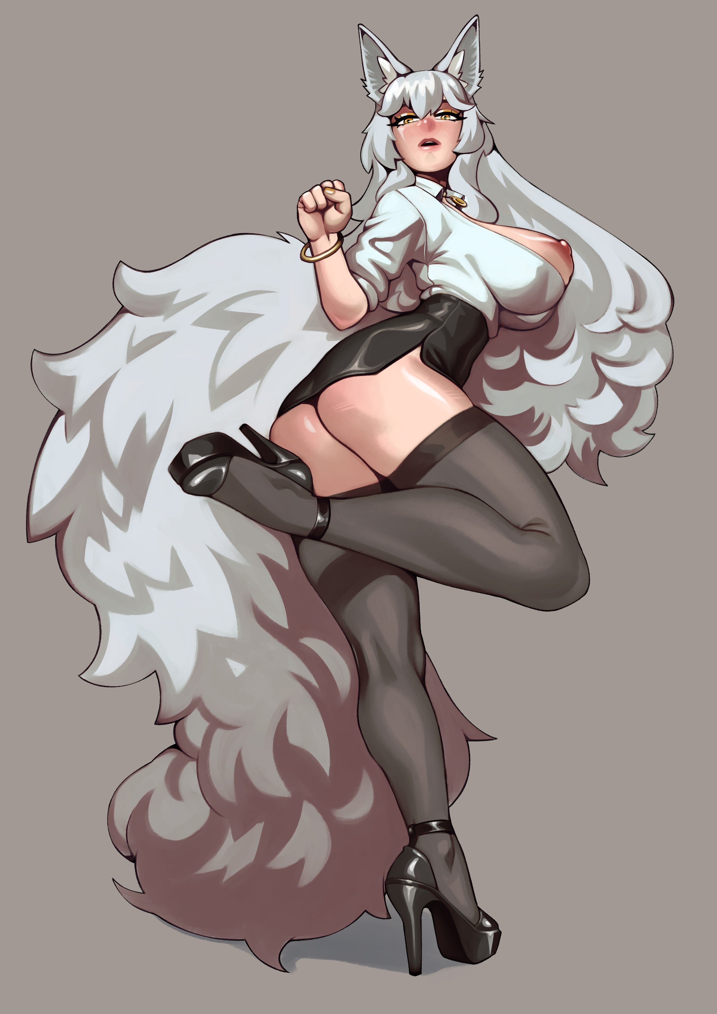 1girls, 2024, areolae, ass, bent leg, breasts, breasts out, female, female only, full body, furry tail, grey background, heels, long hair, looking at viewer, narrowed eyes, nipples, office lady, pencil skirt, solo, standing on one leg, stockings, tail, thick thighs, thigh squish, truedevirish, very high resolution, white hair, wolf ears, wolf girl, wolf tail, yellow eyes