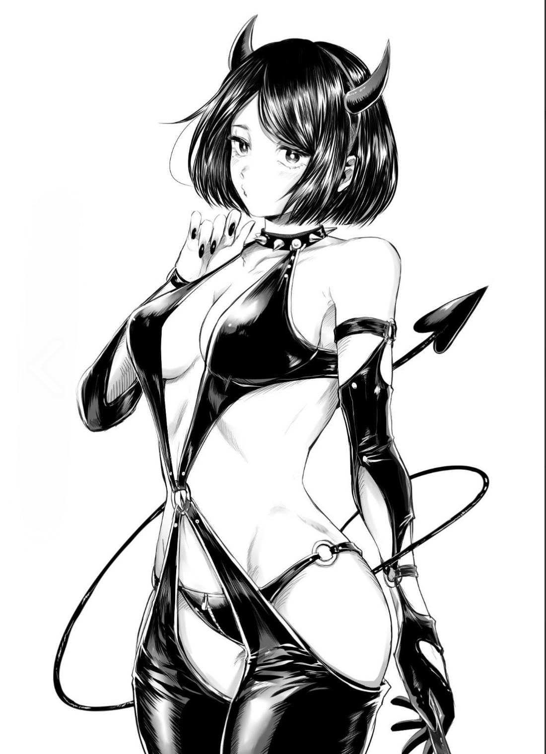 blush, costume, devil horns, devil tail, female, fit, fit female, half naked, half-dressed, jujutsu kaisen, latex clothing, latex gloves, latex suit, latex thighhighs, lingerie, nipple outline, nipples visible through clothing, petite female, shoko ieiri, short hair