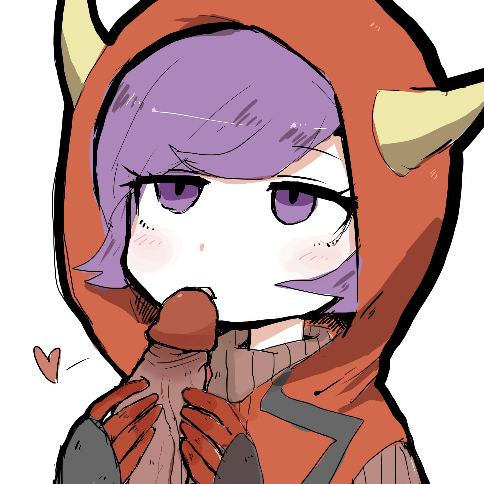 1boy, 1girls, bad id, blush, censored, chibi, courtney (pokemon oras), courtney (pokemon), fake horns, fellatio, female, gloved handjob, gloves, handjob, human, human only, kissing, male, nintendo, oral, penis, pokemon, pokemon oras, purple eyes, purple hair, short hair, sweater, team magma, two-handed handjob, uniform