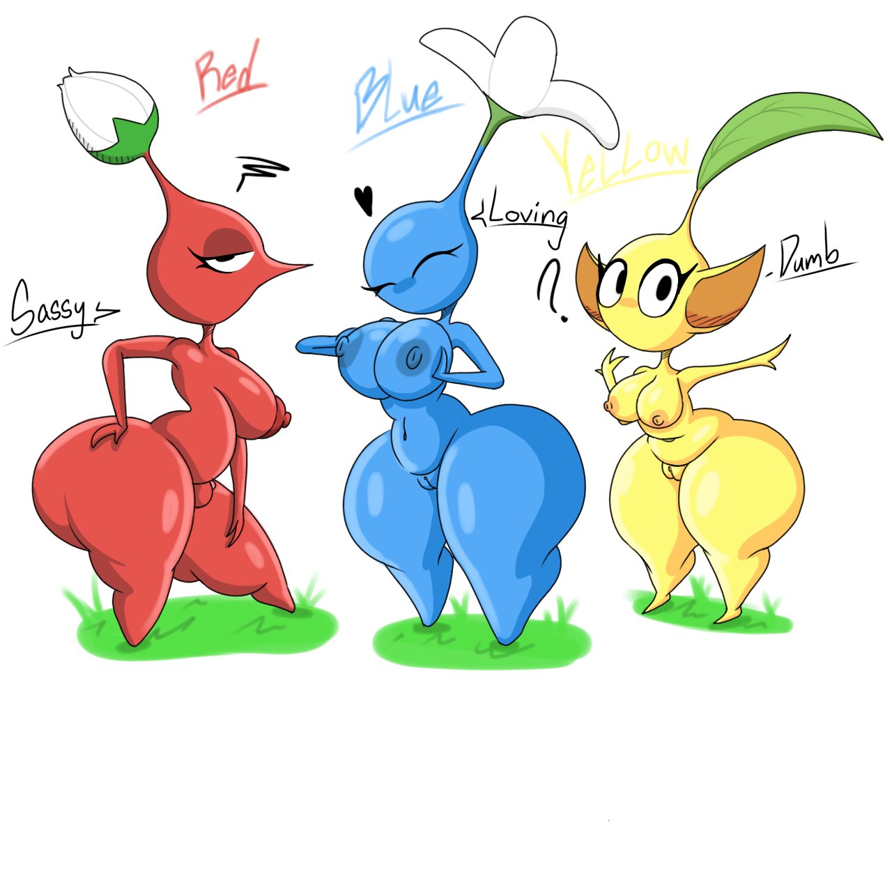 3girls ass_focus ass_grab barefoot big_breasts blue_pikmin casual_nudity completely_nude completely_nude_female female female_only full_body grabbing_own_ass holding_own_breast huge_ass japansadface multiple_girls naked naked_female nude nude_female pikmin pikmin_(species) red_pikmin shortstack teasing yellow_pikmin