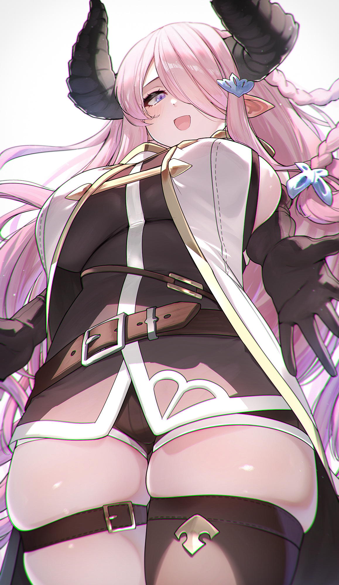 :d, 1girls, asymmetrical bangs, black gloves, blue eyes, blush, braid, breasts, cowboy shot, curvy, female, from below, gloves, granblue fantasy, hair ornament, hair over one eye, hi res, high resolution, highres, hizake, horns, kashu (hizake), large breasts, long bangs, long hair, looking at viewer, looking down, narmaya (granblue fantasy), one eye covered, open mouth, pointy ears, purple hair, short shorts, shorts, sideboob, skindentation, smile, solo, thick thighs, thigh strap, thighhighs, thighs, very long hair, wide hips