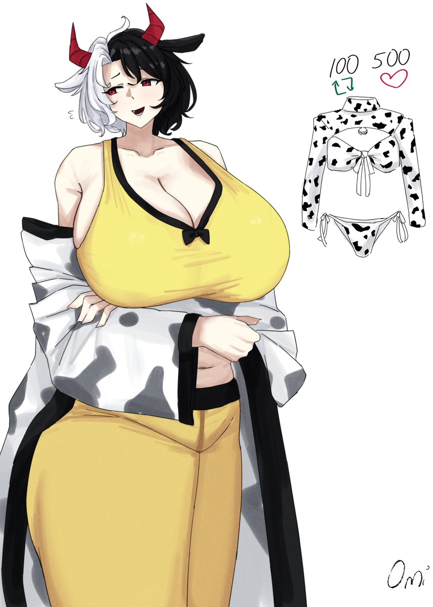 1girls animal_ears big_breasts breasts cleavage clothed_female cow_ears cow_girl cow_print cow_print_bikini horns huge_breasts light-skinned_female mature_female omikami red_eyes solo solo_female touhou twitter two_tone_hair urumi_ushizaki watermark white_background