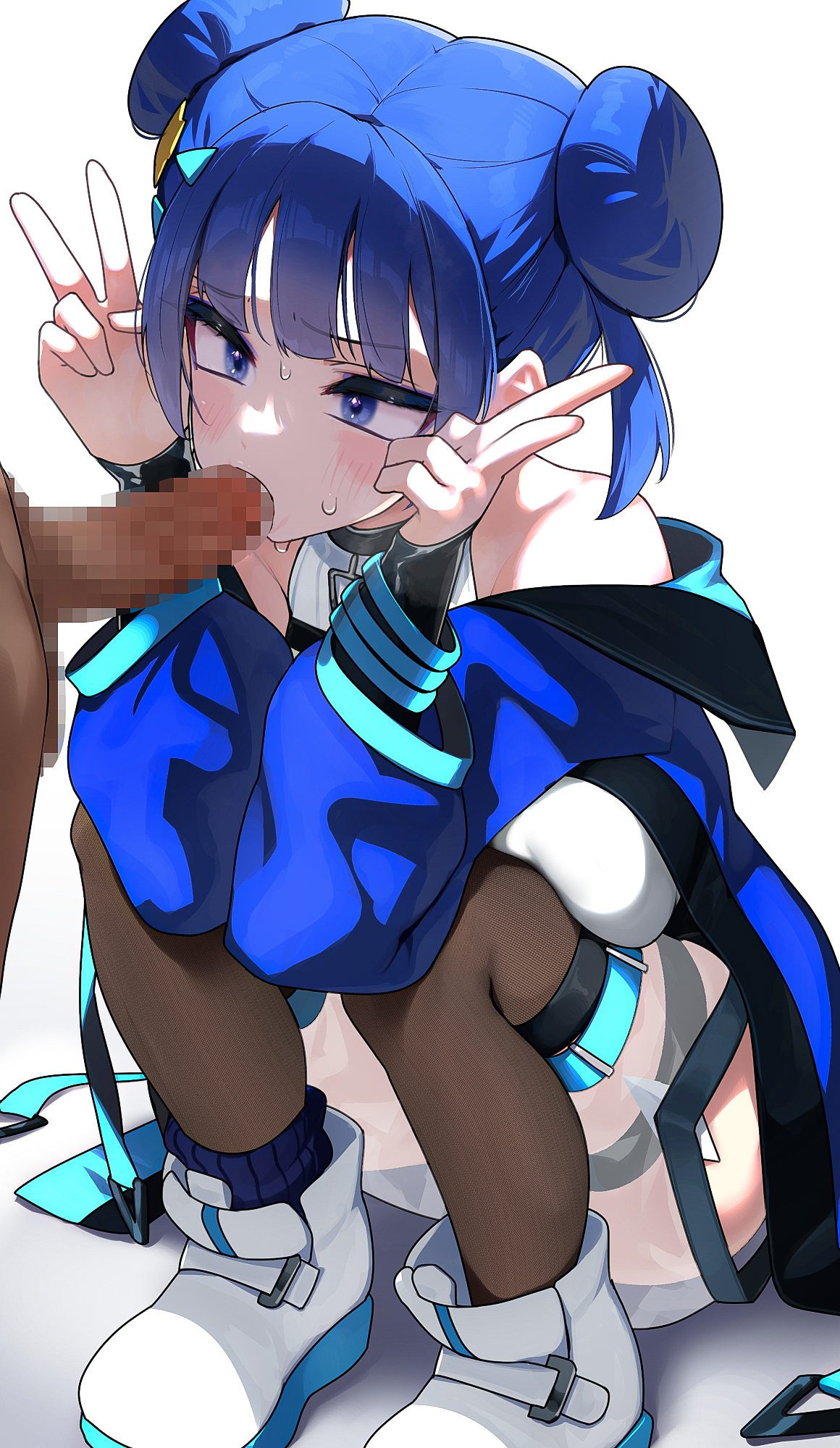 1girls, bare shoulders, blowjob, blue eyes, blue hair, blue shirt, breasts, censored, censored penis, double bun, double v, duel monster, evil twin lil-la, fellatio, female, full body, hair bun, hi res, high resolution, highres, hizake, kashu (hizake), large breasts, light skin, light-skinned female, lil-la (yu-gi-oh!), looking at penis, male, mosaic censoring, oral, oral sex, pale skin, pale-skinned female, peace sign, penis, sex, shirt, shoes, short hair, shounen jump, simple background, solo, squatting, sucking, sucking penis, thigh strap, thighhighs, v, v sign, yu-gi-oh!
