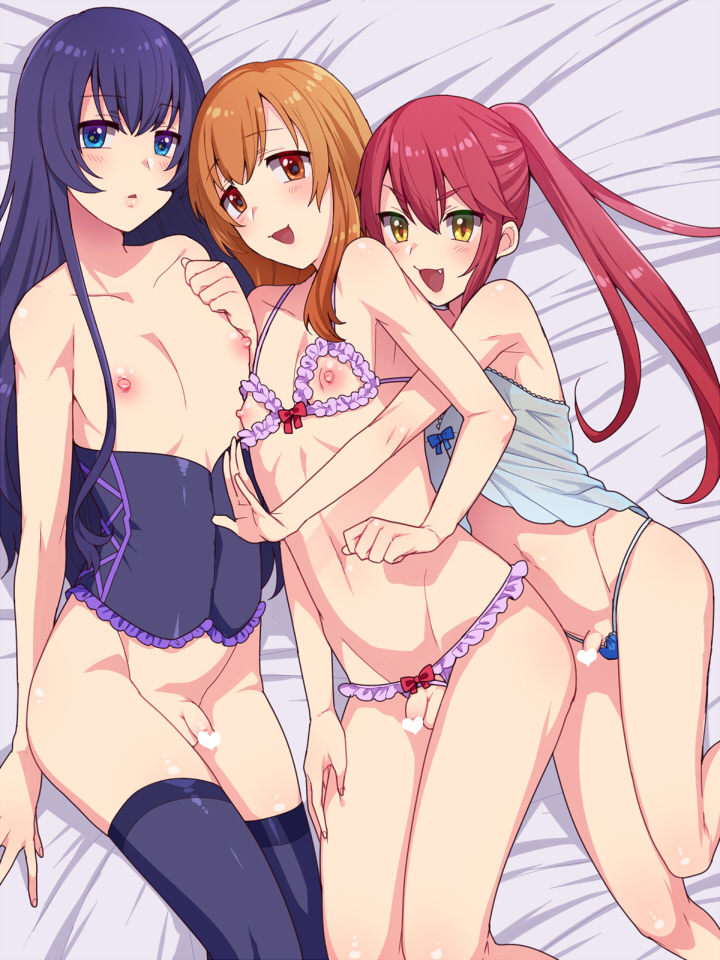 3boys, androgynous, balls, bed, black hair, black legwear, blue eyes, bottomless, brown eyes, brown hair, censored, cute fang, has uncensored version, heart censor, lingerie, long hair, male, mogiki hayami, multiple boys, multiple males, nipples, open mouth, penis, red hair, short hair, testicles, thighhighs, tied hair, trap, trap on trap, twintails, yaoi, yellow eyes
