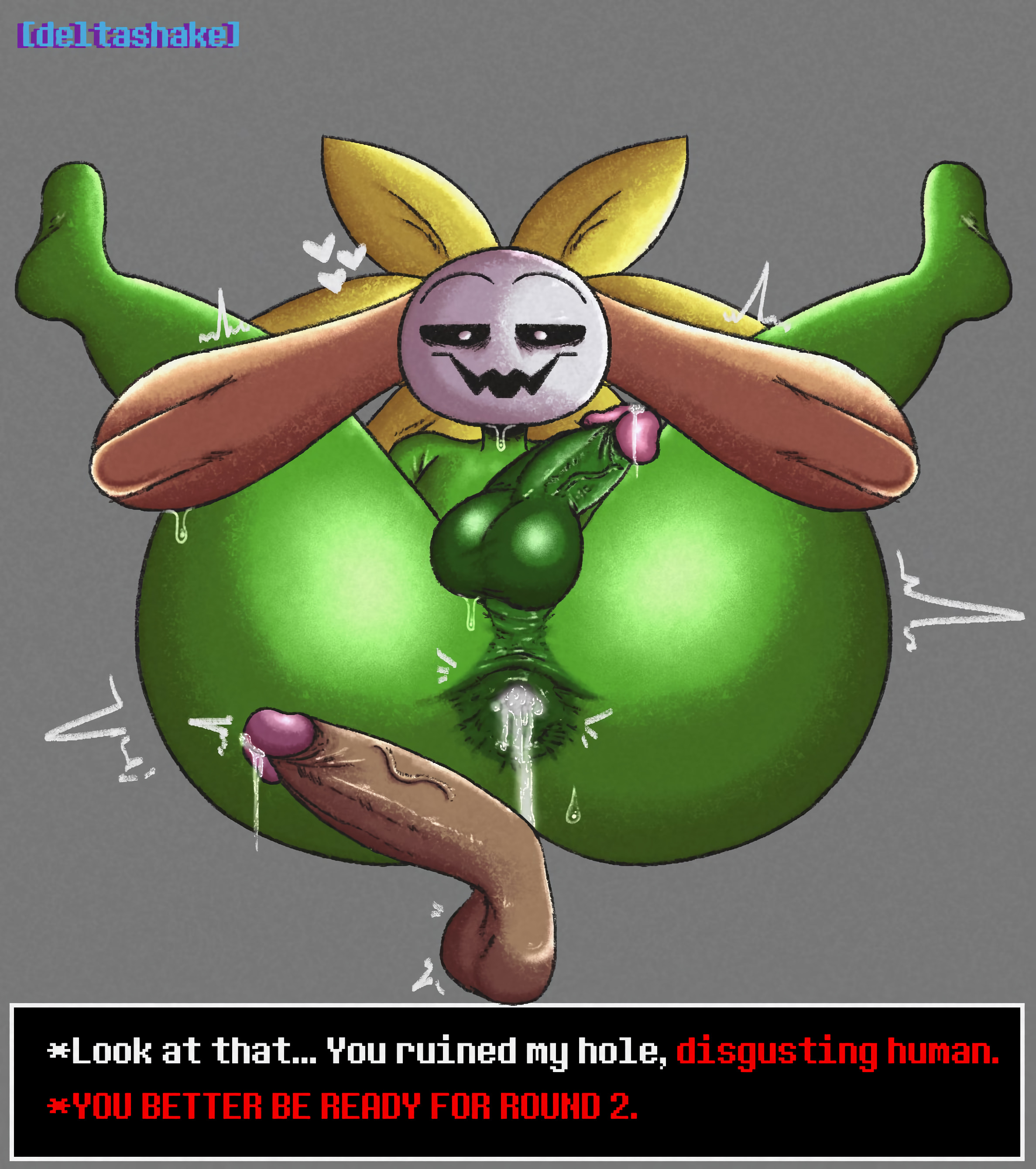 2boys, ass, big ass, big butt, big penis, cum, cum in ass, deltashake, dialogue, dialogue box, flowey the femboy, flowey the flower, flowey with a body, male, male only, penis, penis in ass, plant, tagme, text, undertale, undertale (series)