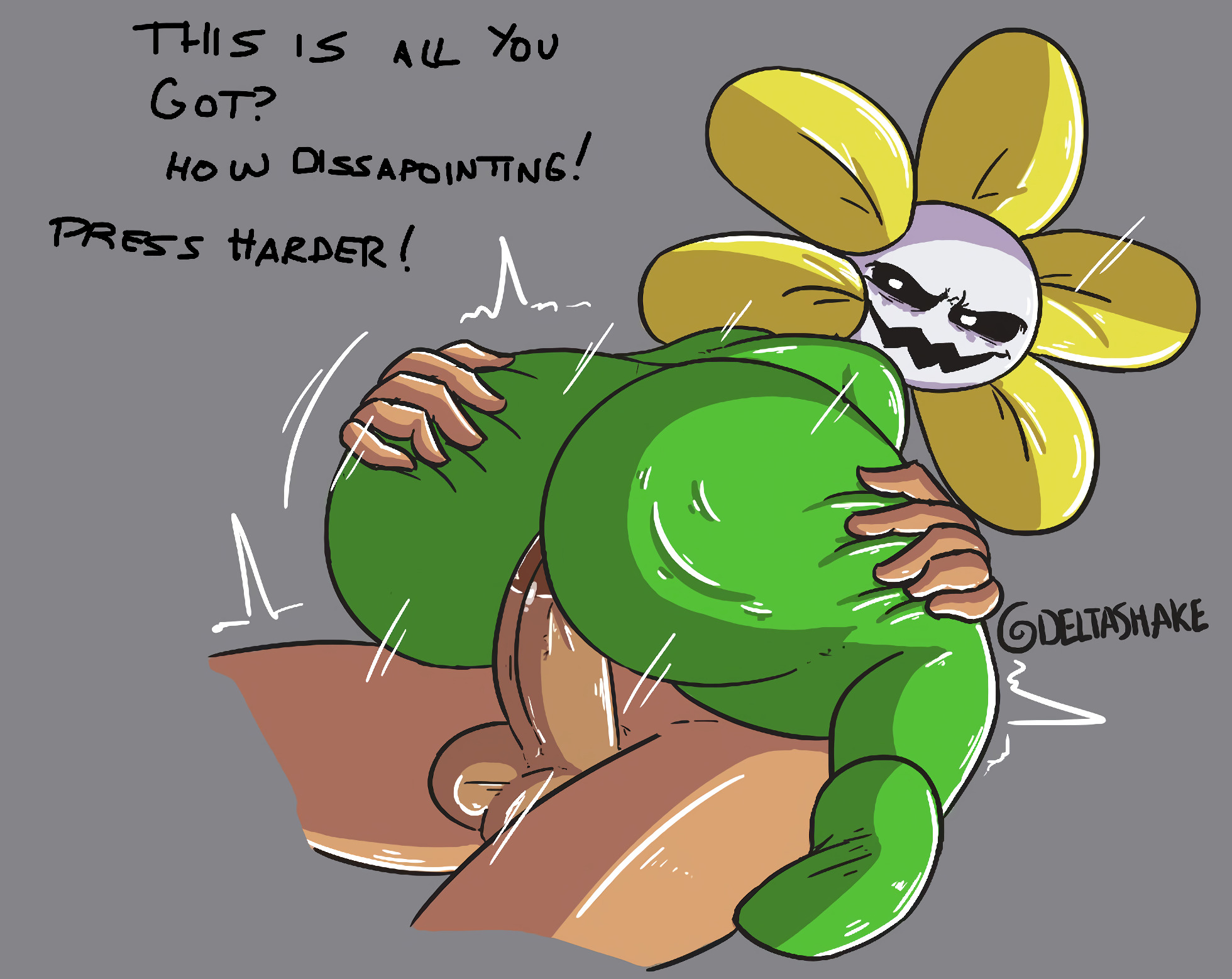 ass, big ass, big butt, big penis, deltashake, dialogue, flowey the femboy, flowey the flower, flowey with a body, gay, human, male, penis, penis in ass, plant, sex, tagme, text, undertale, undertale (series)