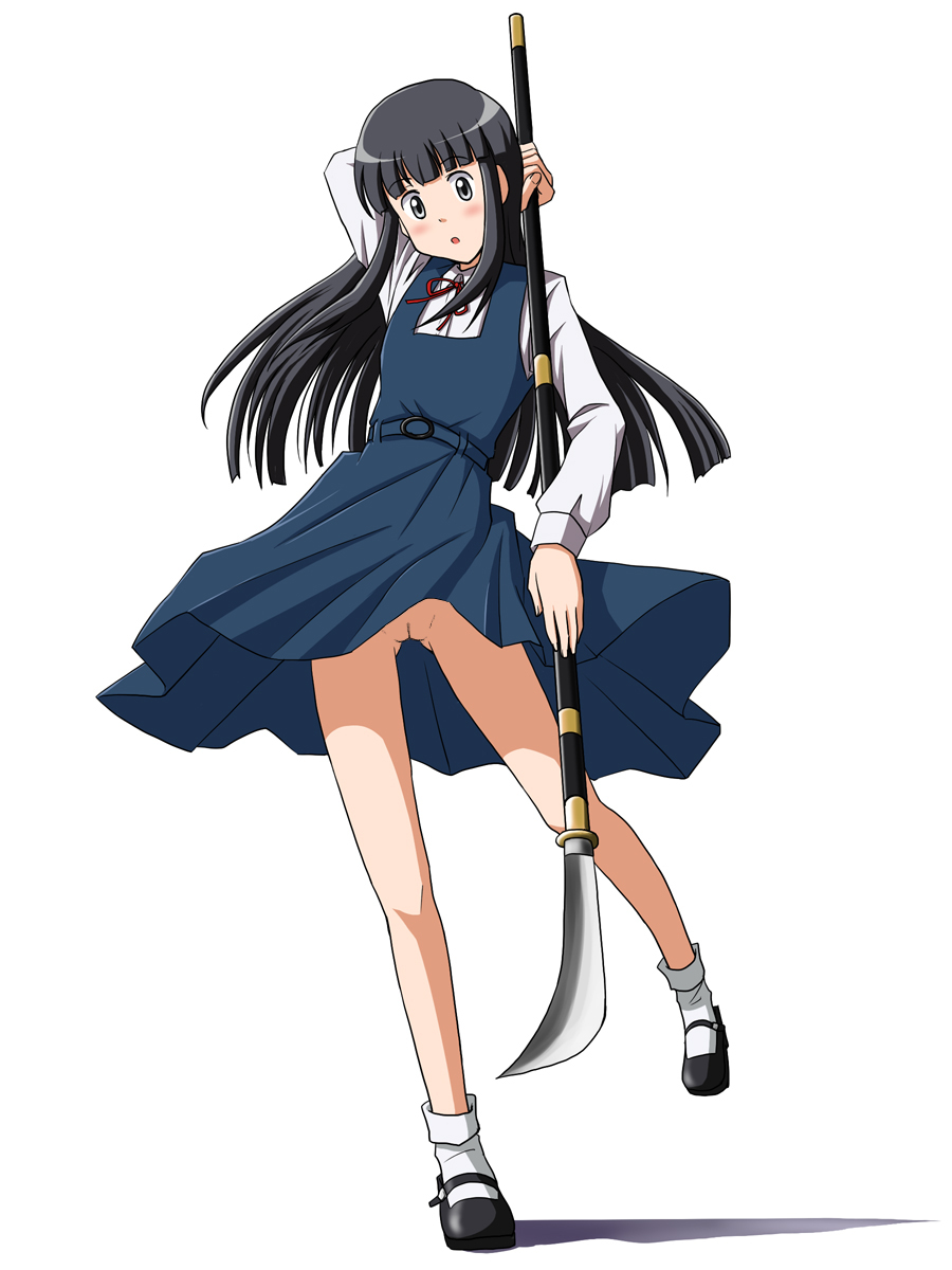 anklehighs black_eyes black_hair blue_dress blush dress dress_shirt female highres hime_cut jumper lielos long_hair long_sleeves looking_at_viewer mary_janes naginata no_panties nude_filter open_mouth original photoshop polearm pussy ribbon sakamoto_miko school_uniform shirt shoes socks solo standing thigh_gap turn_cuff_socks weapon white_background white_legwear white_shirt white_socks wind_lift