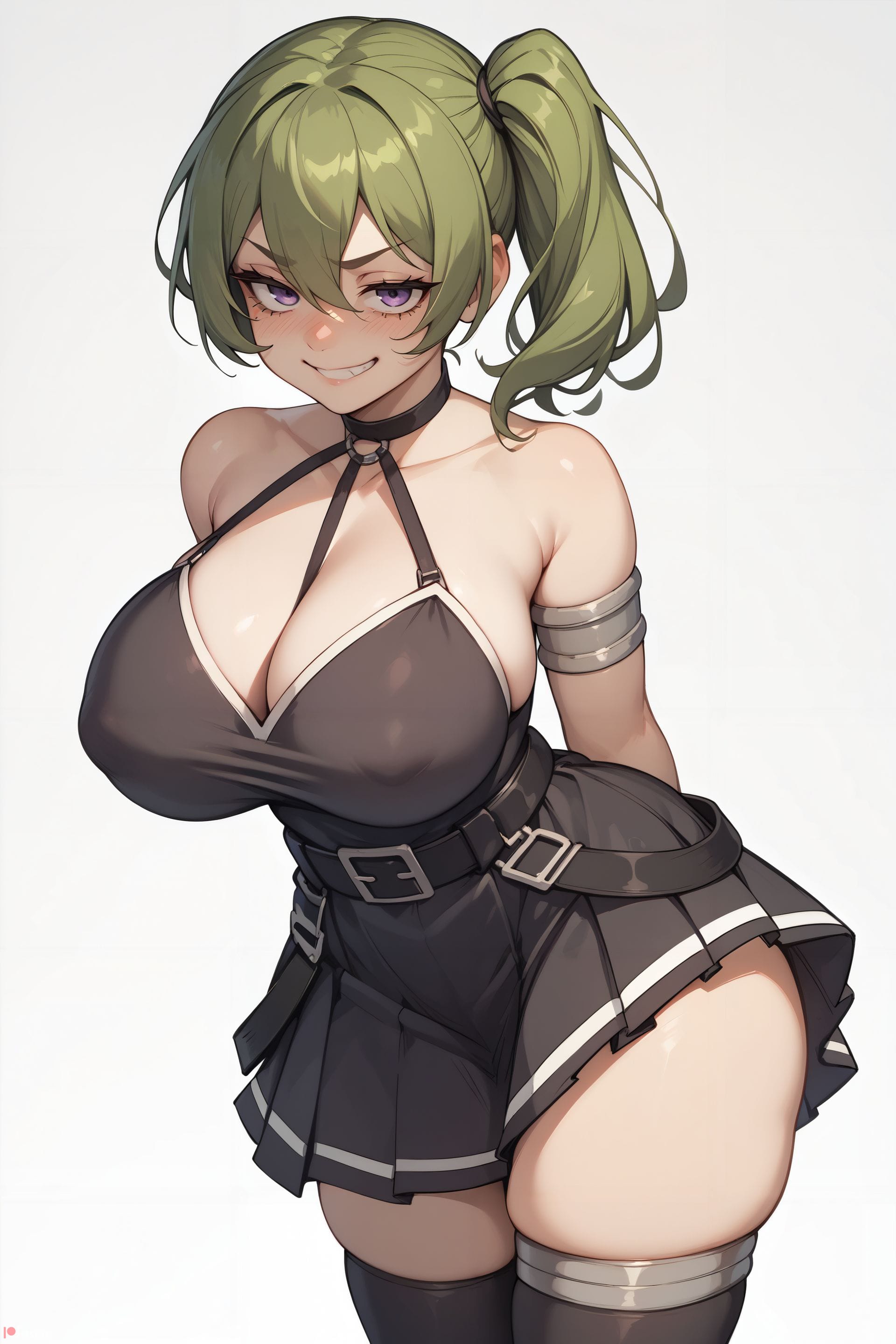 1girls, ai generated, bangs, bare shoulders, belt, black dress, black skirt, black thighhighs, blush, breasts, choker, cleavage, covered nipples, dress, female, female only, green hair, grin, hair between eyes, juswa, large breasts, looking at viewer, nipple bulge, pleated skirt, purple eyes, side ponytail, skindentation, skirt, smile, solo, sousou no frieren, thighhighs, thighs, ubel (sousou no frieren)
