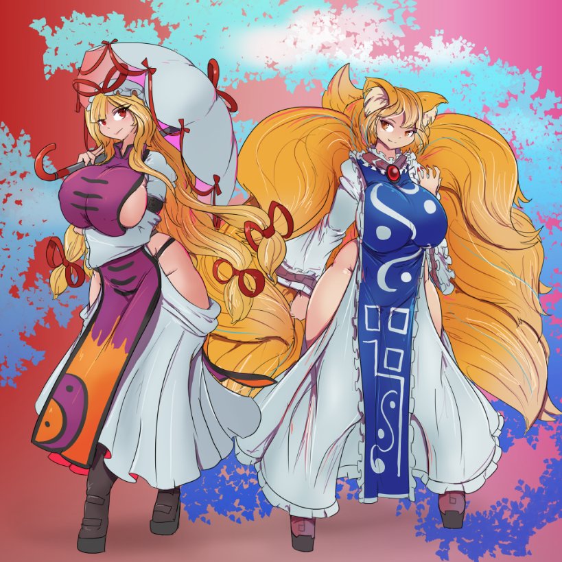 2girls 9_tails big_breasts blonde blonde_female blonde_hair boob_window curvy curvy_body curvy_female curvy_figure duo female fox fox_ears fox_girl fox_tail greenm kitsune ran_yakumo thick_thighs thigh_window thighs touhou voluptuous voluptuous_female yakumo_ran yakumo_yukari yukari_yakumo