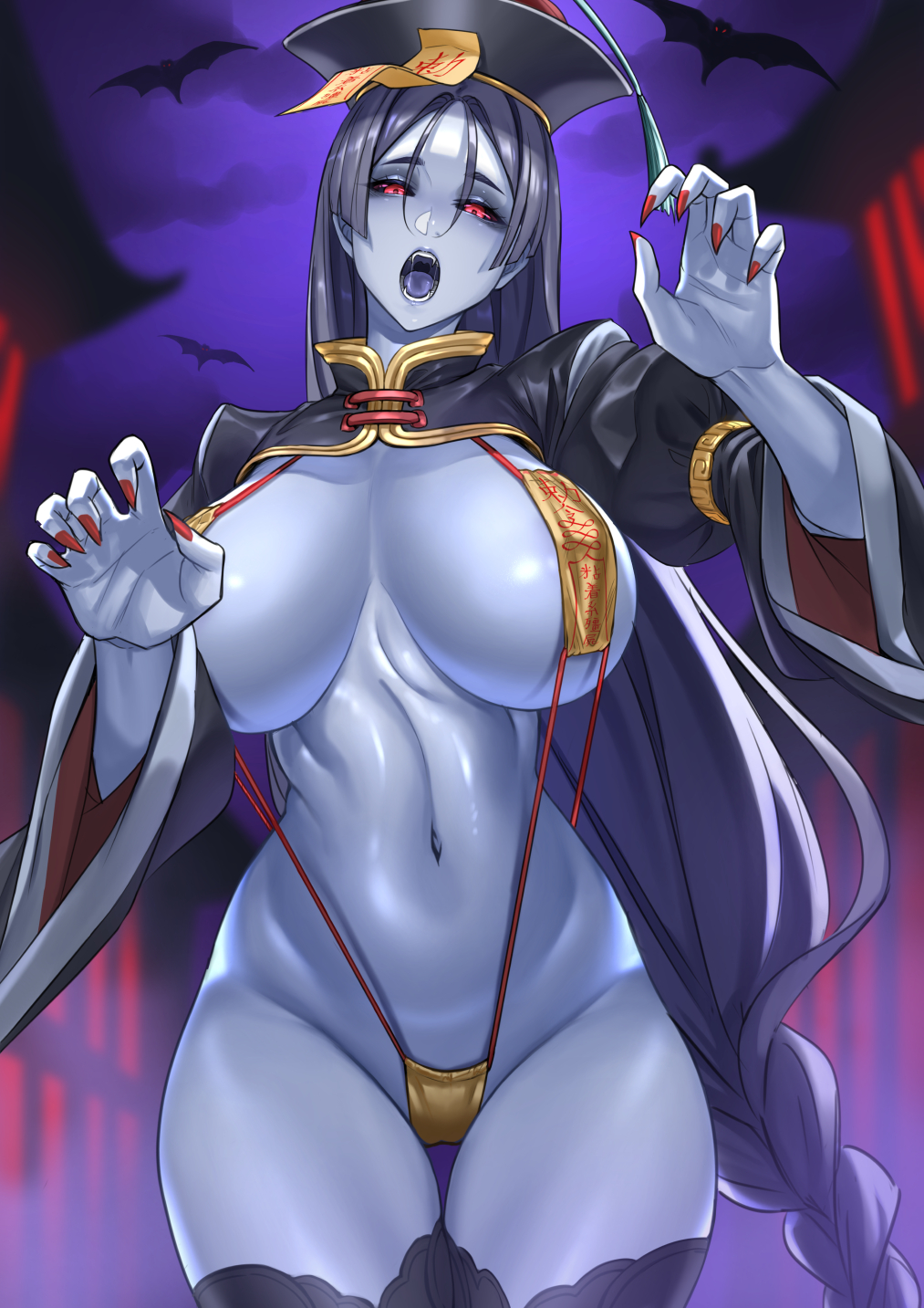 1girls big_breasts black_hair breasts cleavage east_asian_mythology fate/grand_order fate_(series) female female_only hair hat headwear hips huge_breasts jiangshi jiangshi_costume legwear lips long_hair mature mature_female mature_woman milf minamoto_no_raikou_(fate/grand_order) nail_polish nails ofuda open_mouth purple_body purple_skin red_eyes red_nail_polish red_nails skimpy skimpy_clothes solo solo_female sturmjager thick_thighs thighhighs thighs wide_hips