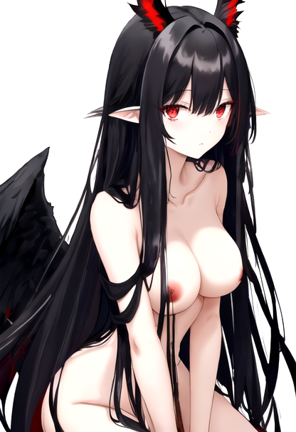 1girls ai ai_generated black_hair black_wings breasts dog_ears eve_reese long_hair looking_at_viewer naked naked_female nipples nude nude_female pointy_ears red_eyes redo_of_healer white_background wings