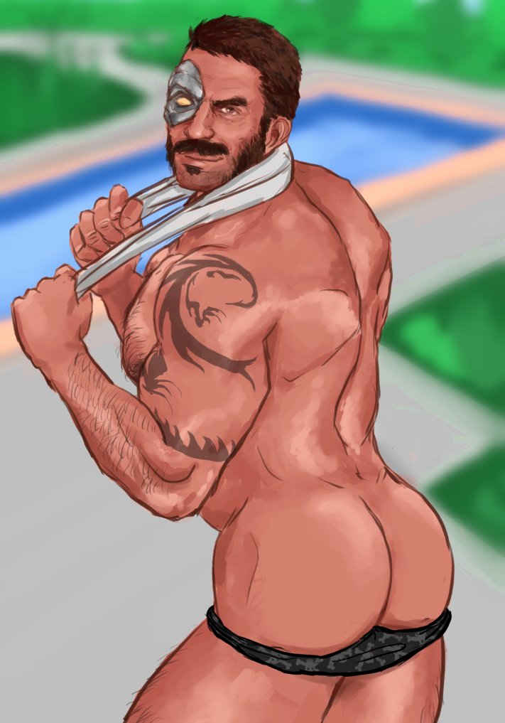 1boy ass ass_focus balls bara body_hair facial_hair gay greystapler kano_(mortal_kombat) male male_only mortal_kombat muscles muscular mutton_chops penis sideburns solo solo_male