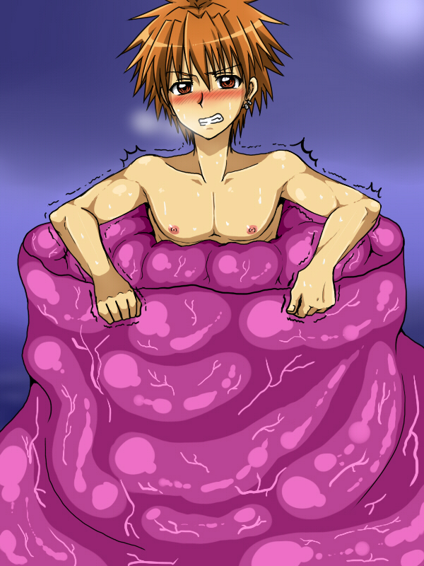 1boy blush brown_hair drooling kaito_domoto male_only mermaid_melody_pichi_pichi_pitch monster nipples restrained saliva short_hair slime steam tentacle tentacle_on_male