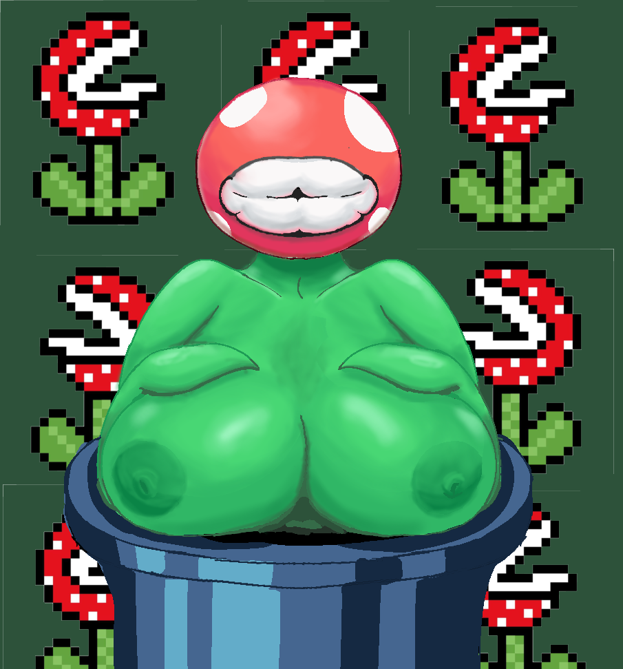 anthro big_breasts breasts elemental_creature elemental_humanoid female flora_fauna green_body humanoid mario_(series) nintendo pipes piranha_plant plant plant_humanoid solo xxvvxx