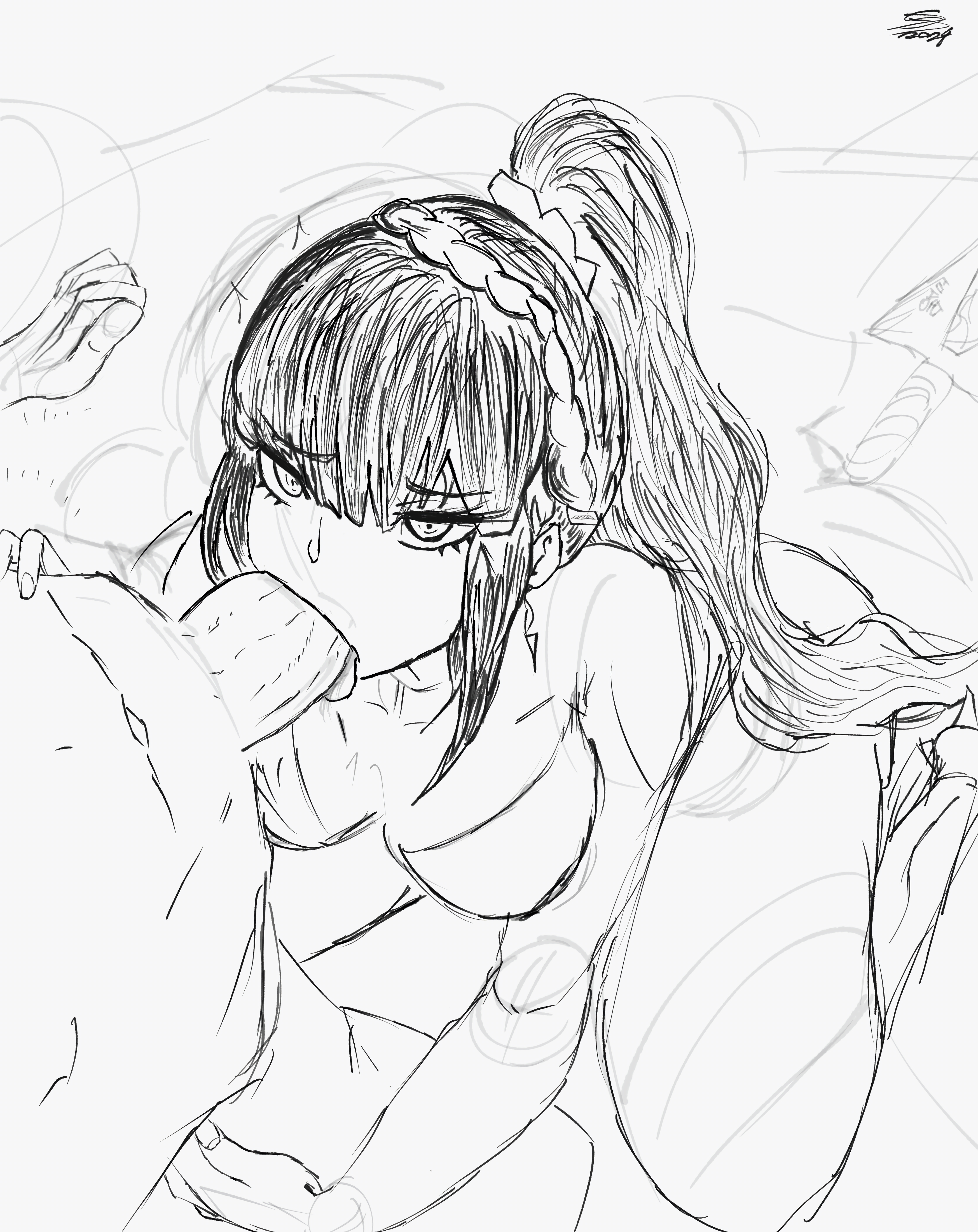 1boy, 1girls, asian female, black and white, black hair, blowjob, bodysuit, clothed female nude male, cum in mouth, earrings, eve (stellar blade), fellatio, female, latex suit, light skin, light-skinned female, male, mouth full of cock, on knees, oral, oral sex, penis, ponytail, stellar blade, sucking penis, tongue, tongue out