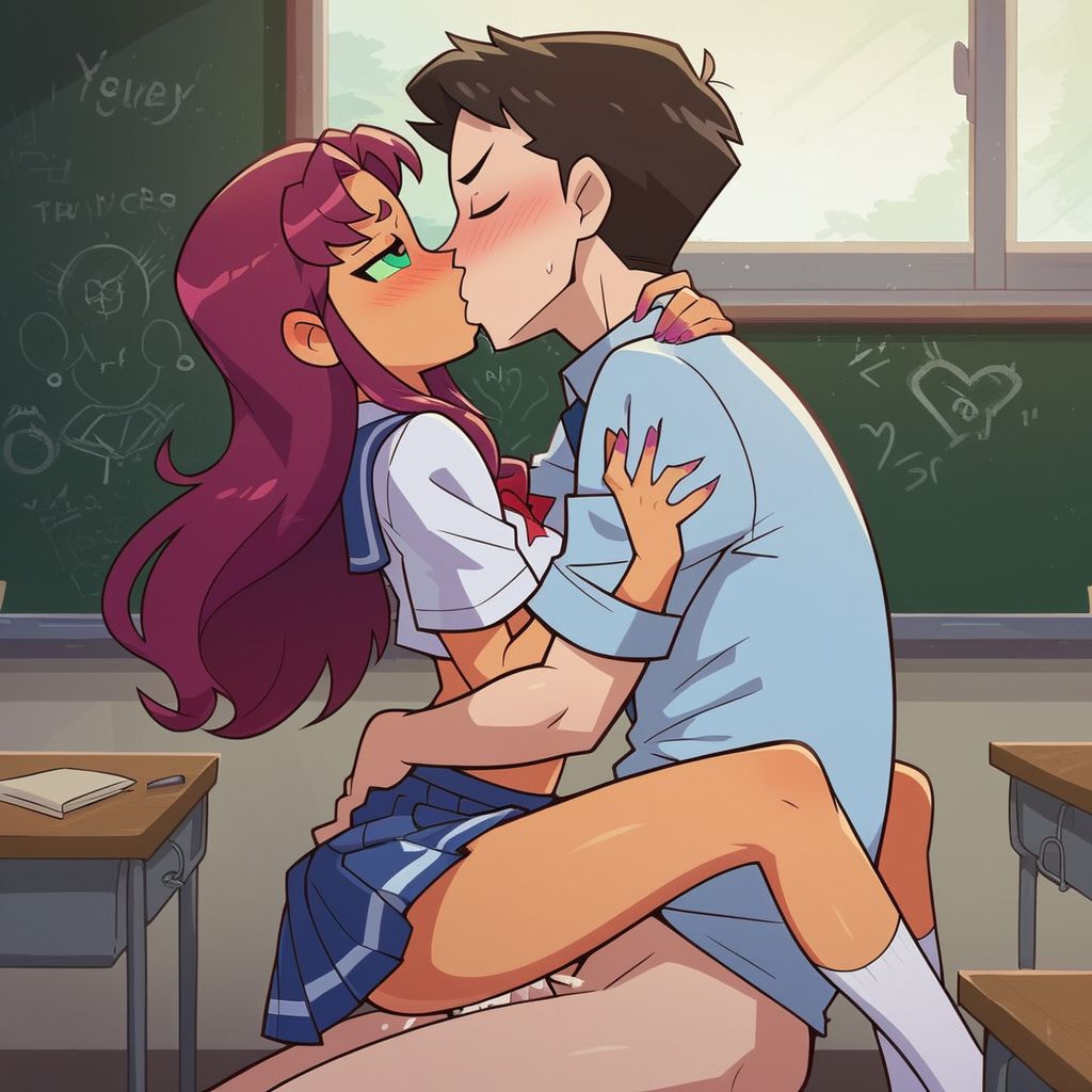 ai generated, female, school desk, school uniform, schoolgirl, starfire