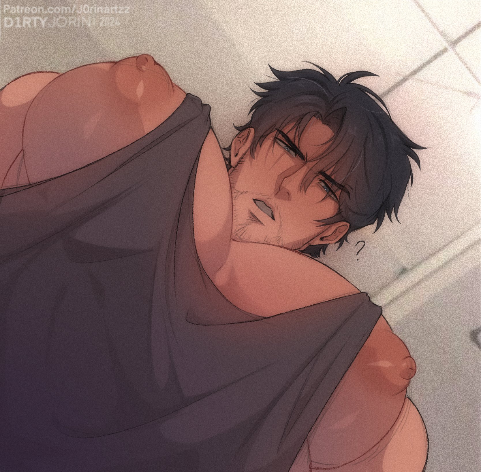 ?, 1boy, artist name, big breasts, big chest, big pecs, black hair, breasts, d1rtyj0rin, gay, gay male, huge chest, huge pecs, j0rinartzz (d1rty jorin), male, male focus, male only, nipples outside, puffy nipples, worm's-eye view, yaoi