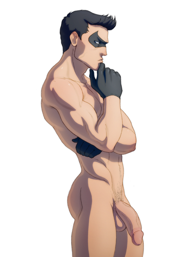 1boy, abs, balls, bara, batman (series), black gloves, black hair, circumcised, dc, dc comics, dick grayson, flaccid, gloves, male, male only, mask, muscles, muscular, muscular male, nightwing, nude, pecs, penis, schizoid, solo, solo male, tagme, teen titans, testicles, uncensored, yaoi