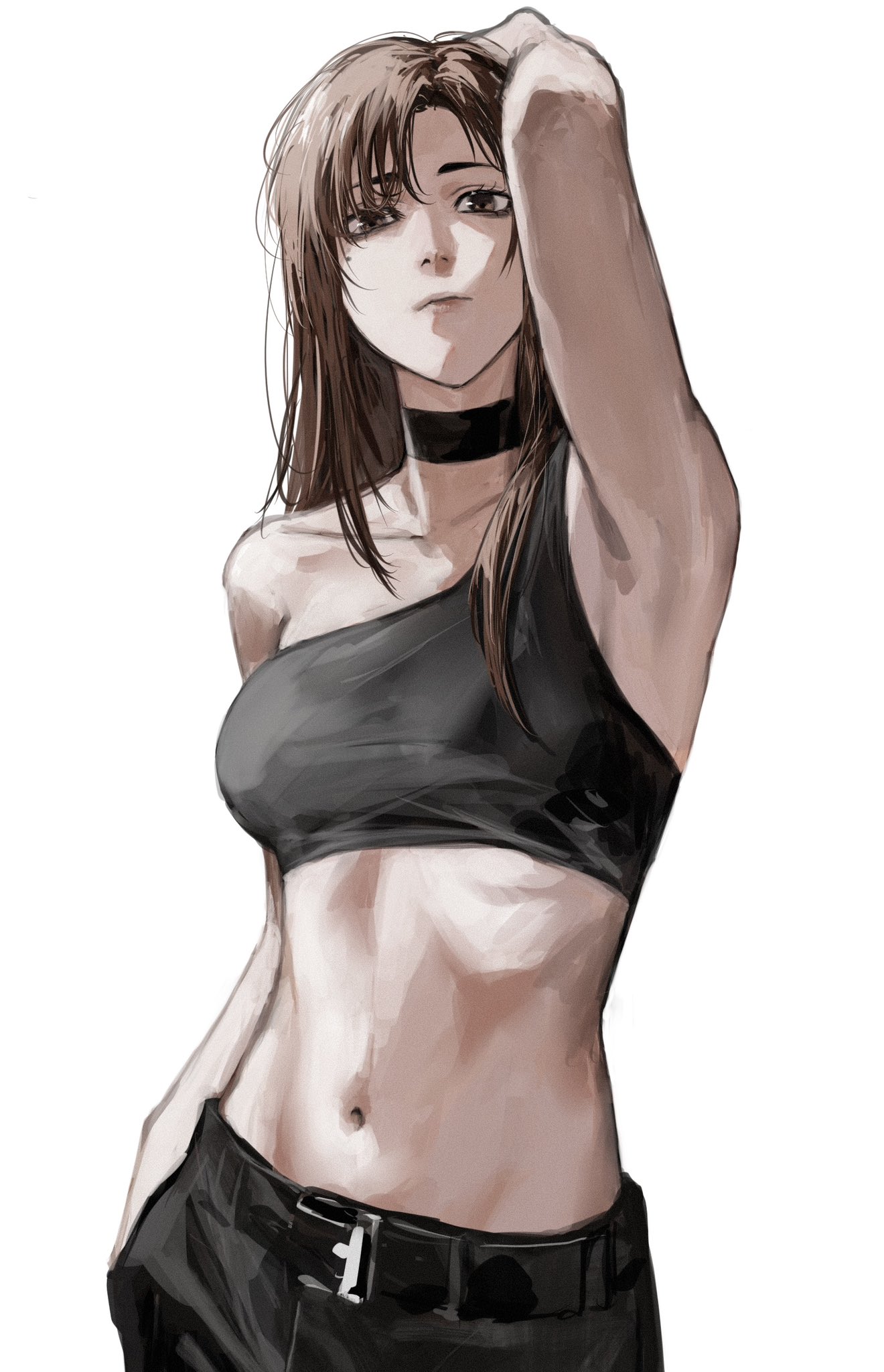 1girls, belt, breasts, brown hair, brown-haired female, choker, female, jujutsu kaisen, long hair, midriff, pants, raberu ruru, shoko ieiri, sports bra, tagme