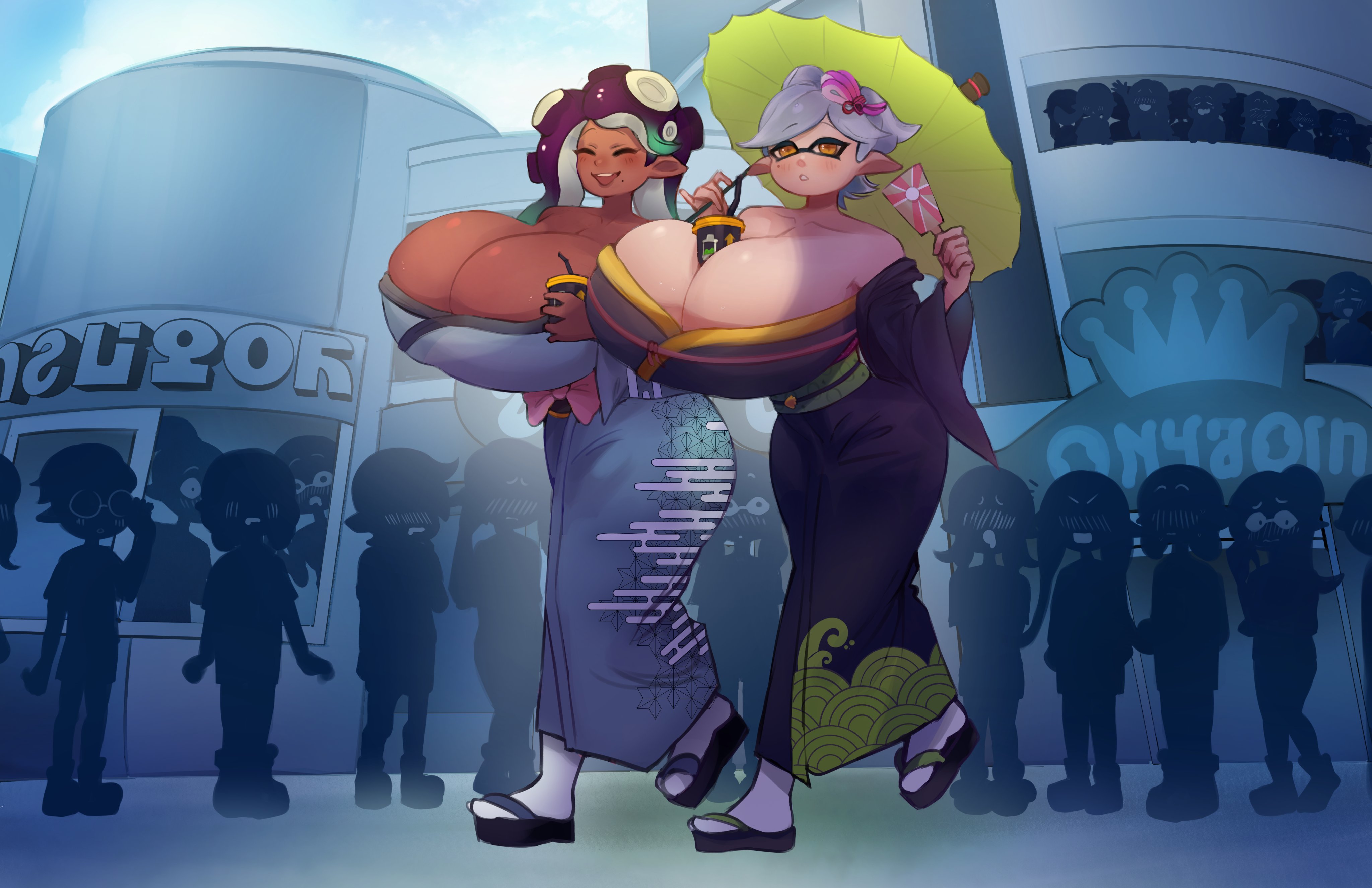 2girls, ass, between breasts, big ass, big breasts, boob window, breasts, breasts bigger than head, casual, casual nudity, chocc, clothed, enormous breasts, female, female only, honeykat, huge breasts, hyper, inkling, inkling boy, inkling girl, marie (splatoon), marina (splatoon), multiple females, multiple girls, no bra, octoling, octoling boy, octoling girl, off the hook (splatoon), public, public nudity, splatoon, splatoon 2, squid sisters, tagme