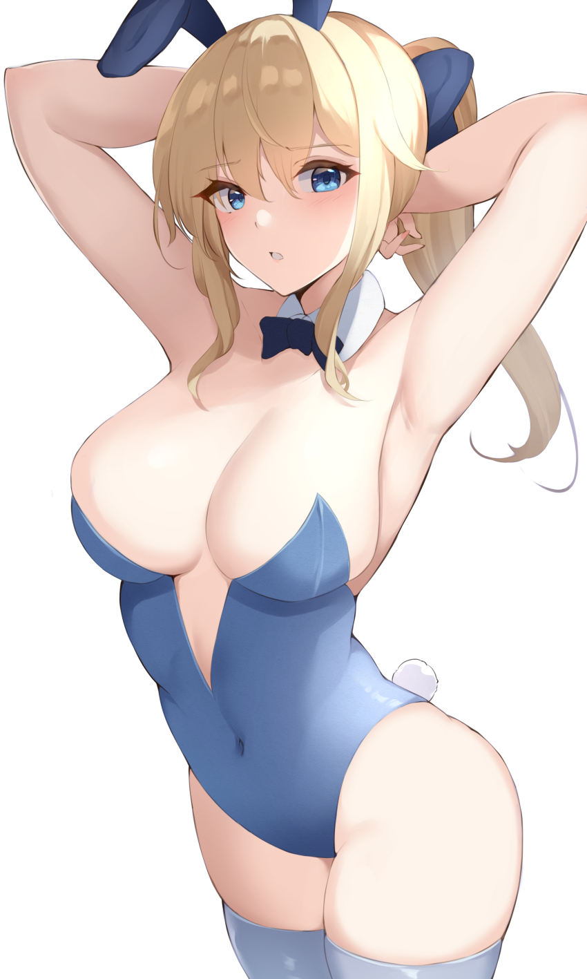 1girls big_breasts blonde_hair blue_eyes blush breasts bunny_ears bunnysuit female genshin_impact haneramu jean_gunnhildr large_breasts solo solo_female stockings thick_thighs thighs