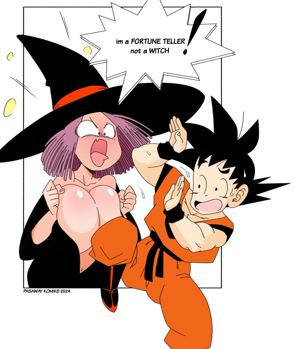 aged_down breasts cleavage colored comic doujin dragon_ball dragon_ball_super dragon_ball_z english_text fortune_teller_baba hi_res pasaway_komiks pasawaykomiks pink_hair son_goku text_bubble yelling