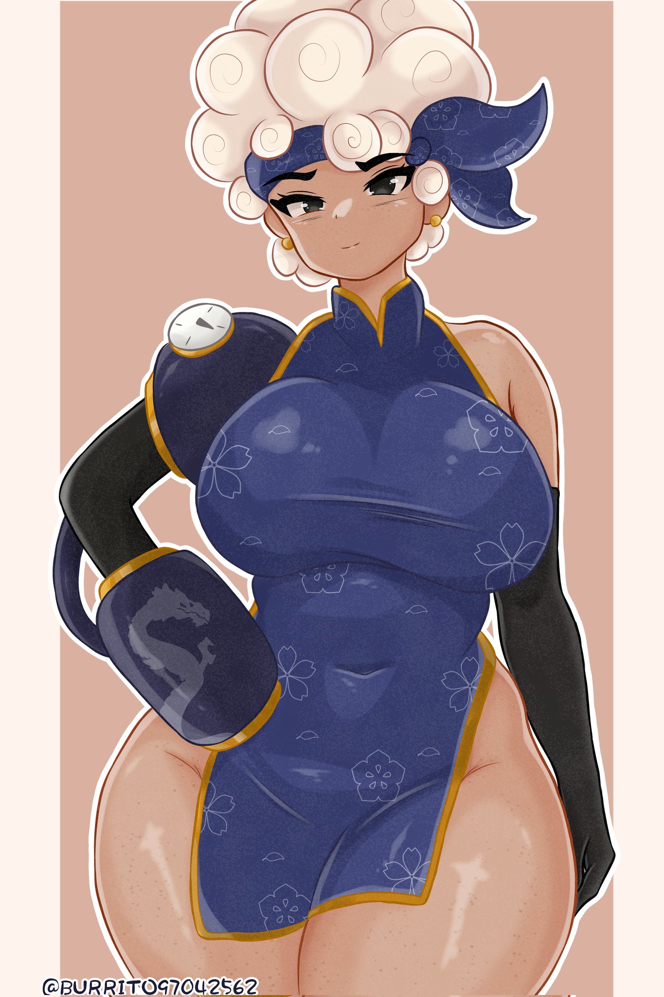 1girls, big breasts, brawl stars, breasts, burrito631, chinese clothes, earrings, female, female only, headband, maisie (brawl stars), no panties, one glove, qipao, robotic arm, thick thighs, white hair