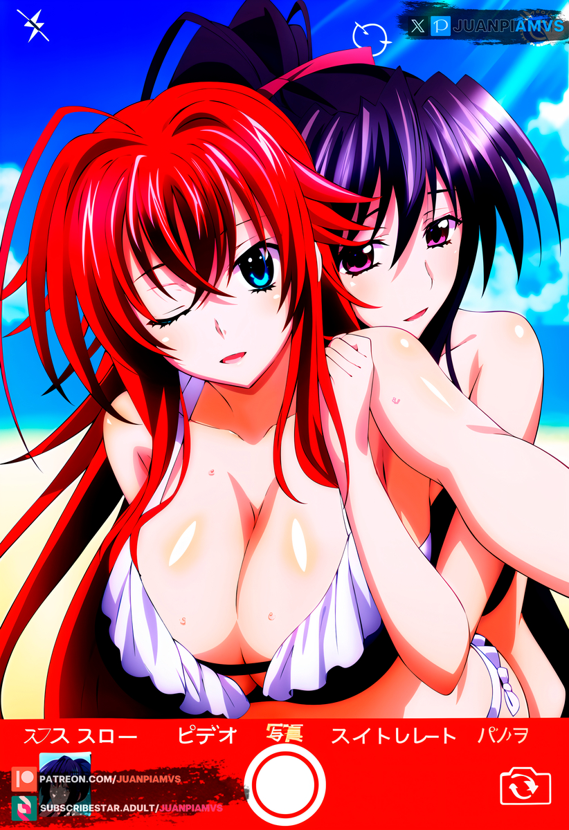 2girls ai_generated akeno_himejima beach big_breasts bikini blue_eyes cellphone_camera clouds dark_purple_hair grabbing grabbing_from_behind high_school_dxd hugging juanpiamvs long_hair patreon patreon_username pink_eyes ponytail red_hair rias_gremory sea seaside selfie sky subscribestar subscribestar_username sweatdrop watermark